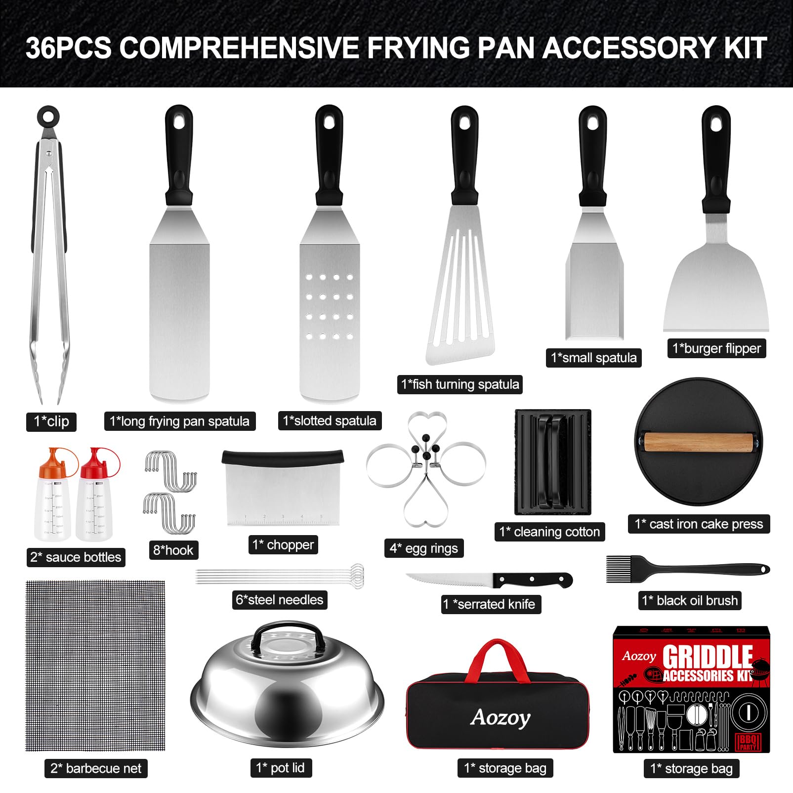 36PCS Flat Top Grill Accessories Kit - Stainless Steel Spatula, Burger Press, Scraper & Tongs Set with Carry Bag for Blackstone, Camp Chef Griddles - Perfect for Outdoor BBQ, Camping & Backyard Cooking