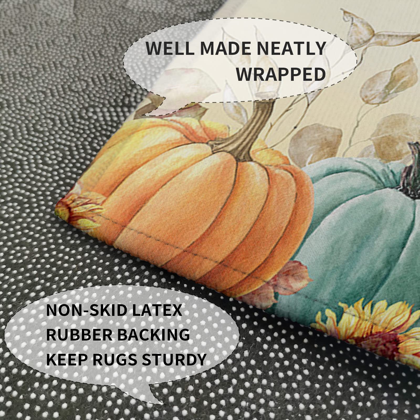 Thanksgiving Kitchen Rugs Set of 2 - Non-Slip Water Absorbent Fall Pumpkin Sunflower Runner Carpet for Kitchen, Hallway, Living Room | Autumn Eucalyptus Leaf Welcome Doormat & Bath Rug with Rubber Backing | Perfect for Holiday Decor, Entryway Protection & Cozy Home Accents