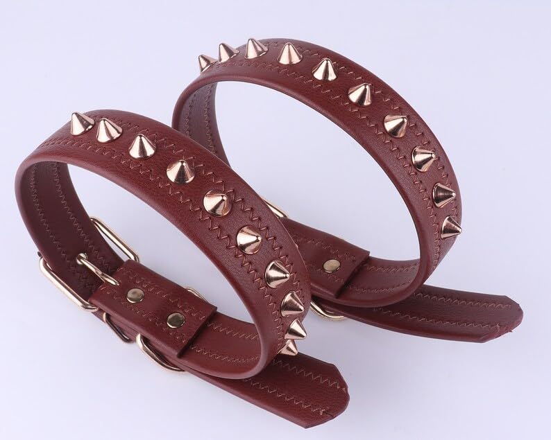 KittuPet Spiked Studded Leather Dog Collar with Mushroom Rivets - Adjustable Small Medium Pet Collar for Dogs & Cats - Durable Brown Leather Puppy & Kitty Collar - Perfect for Daily Walks, Training & Fashion Accessories