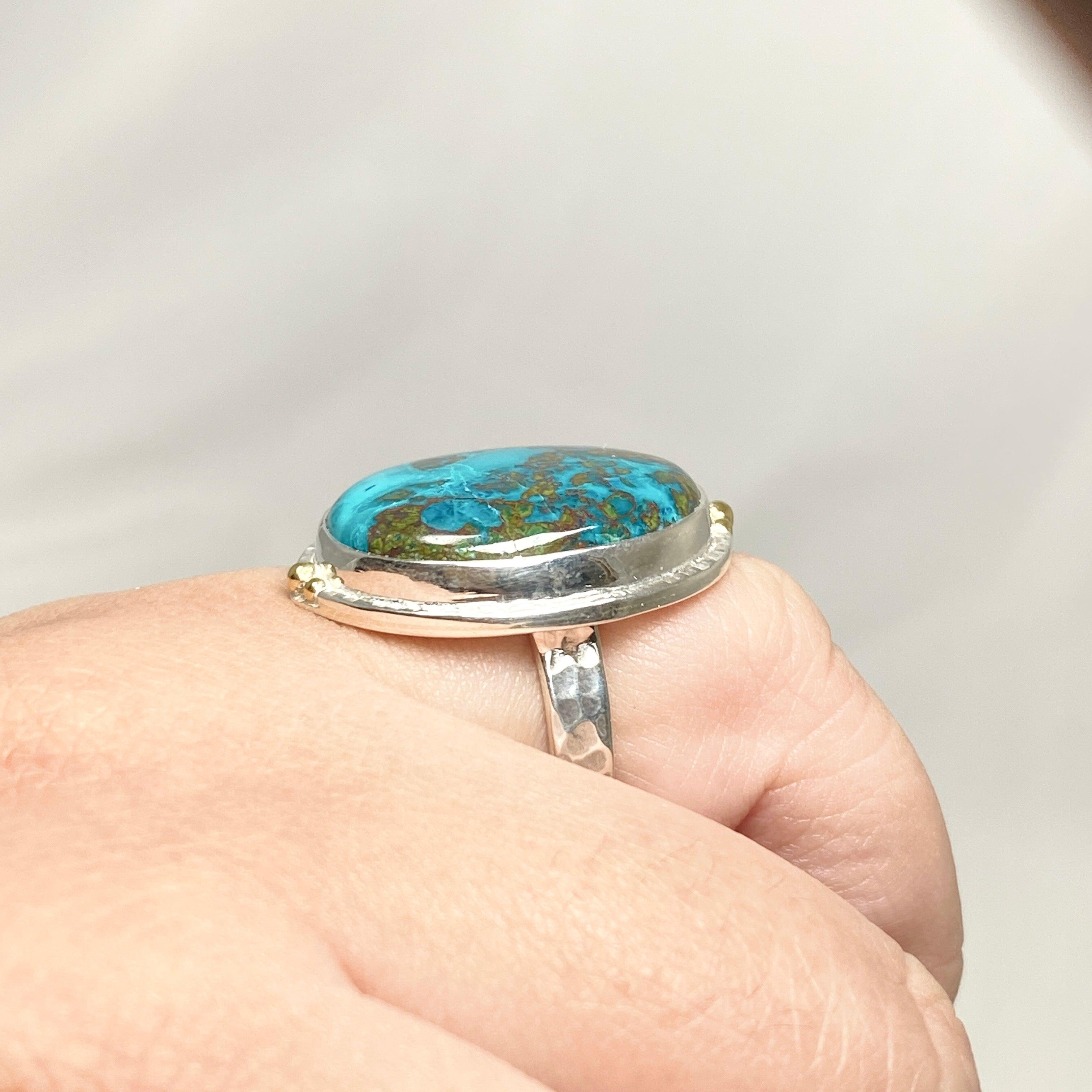 Chrysocolla and Shattuckite Oval Ring with Brass Accents - Size 11 - KRGJ3226 - Perfect for Boho Jewelry Lovers & Spiritual Healing