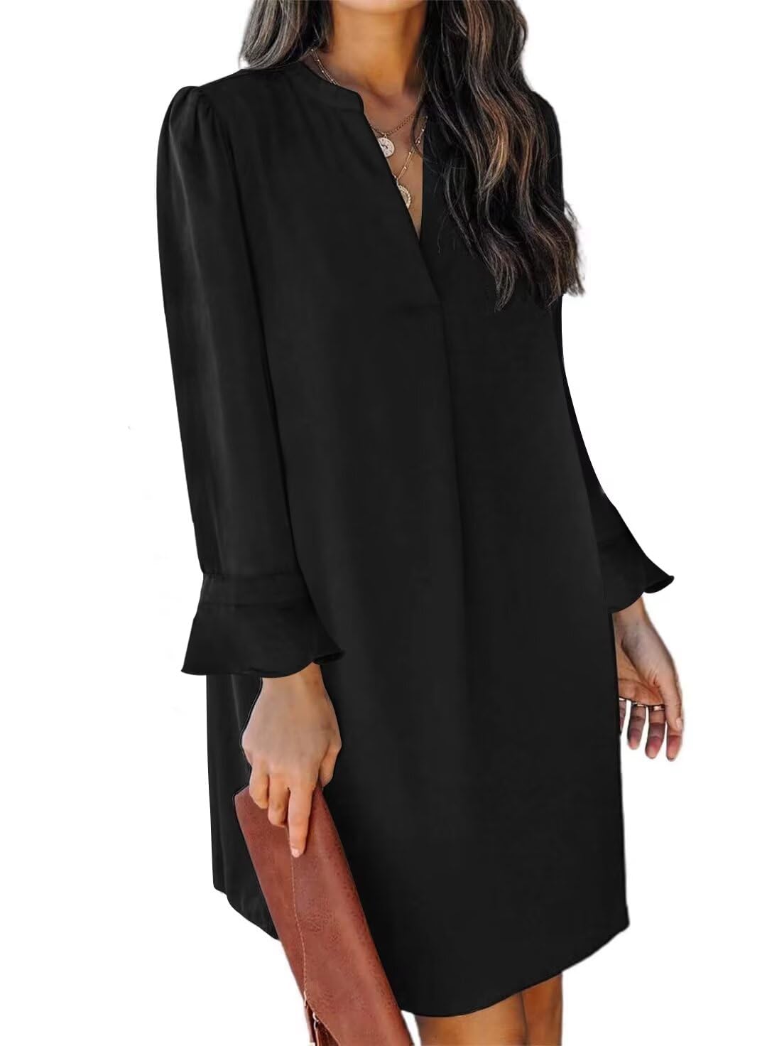 QACOHU Women's V-Neck Ruffle Long Sleeve Shift Dress - Casual Loose Flowy Dress for Spring Summer Autumn Winter - Perfect for Office, Date Night & Special Occasions