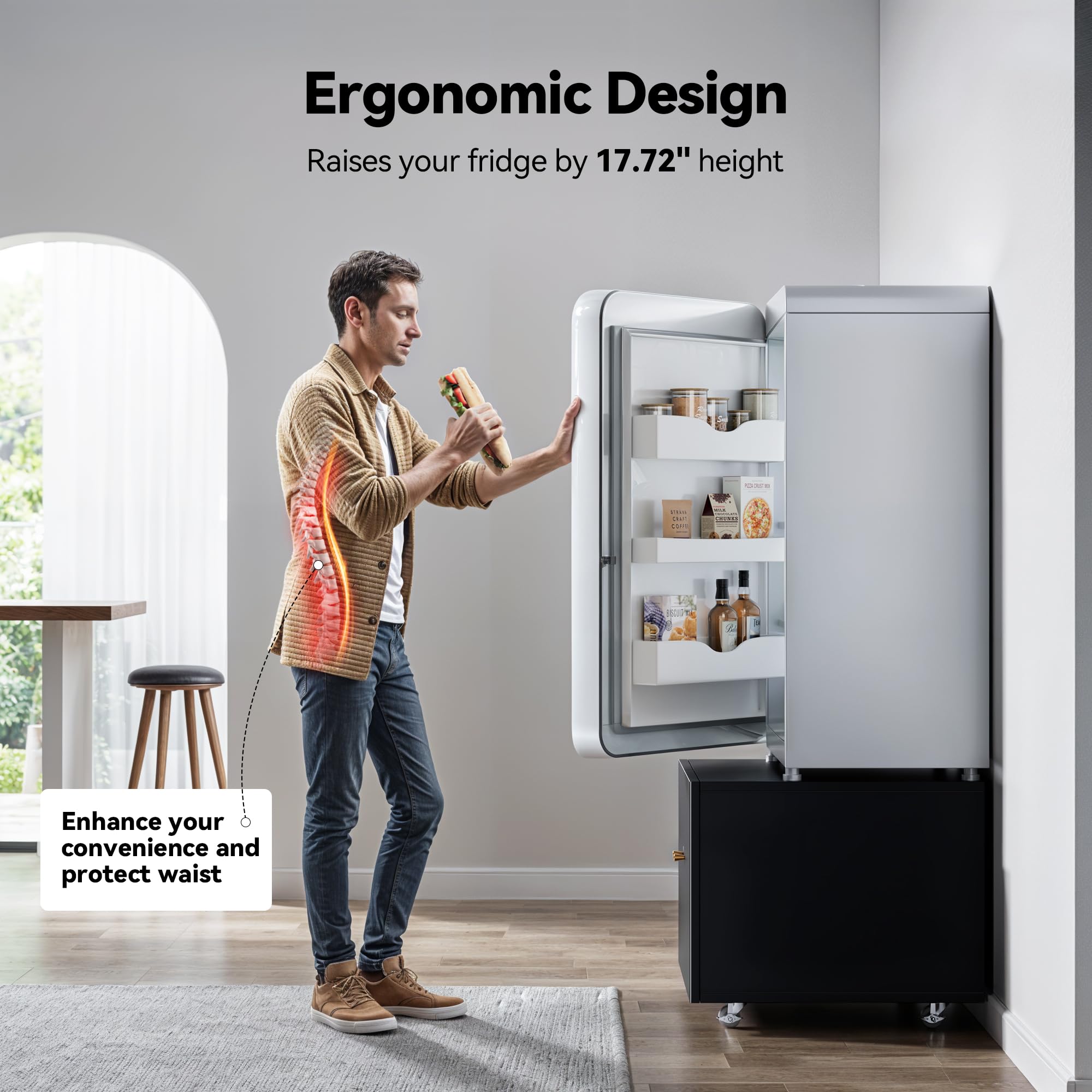 INMOZATA Large Fridge Stand with Storage & Adjustable Shelves - Metal Printer Table with Wheels for Small Spaces, Home Office (Black, 17.72