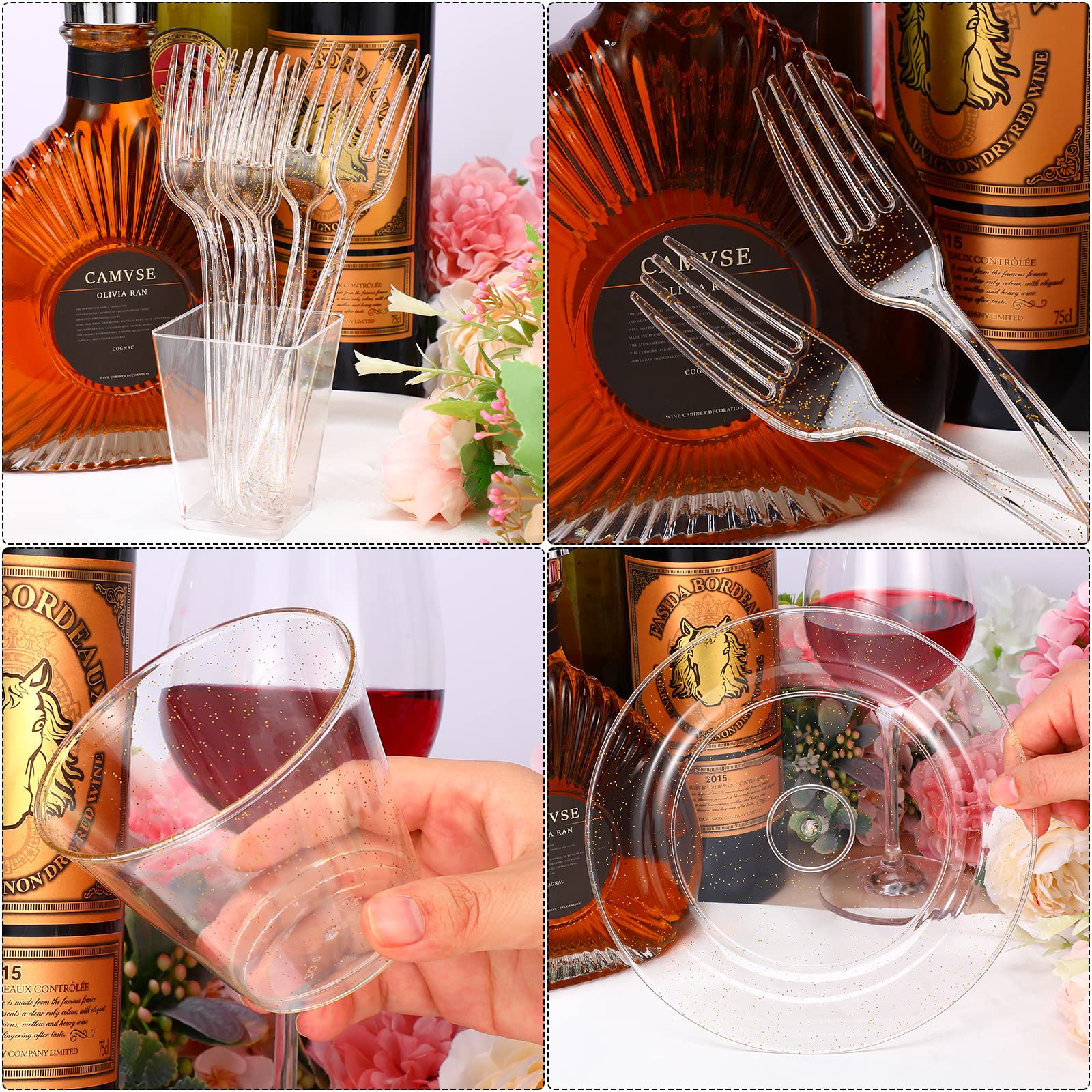 300-Piece Gold Glitter Plastic Disposable Dinnerware Set - 100 Plates (7.5