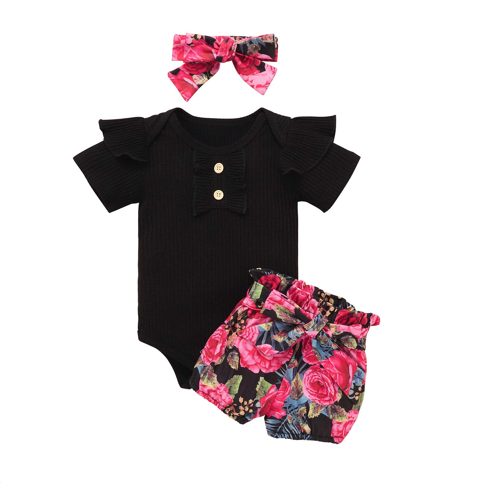 **Adorable Baby Girl Outfit Set - 6-9 Months Ribbed Romper, Floral Bow Shorts & Headbands | Soft Long Sleeve Shirts for Newborns & Infants (Black) | Perfect for Photos, Parties & Everyday Wear**