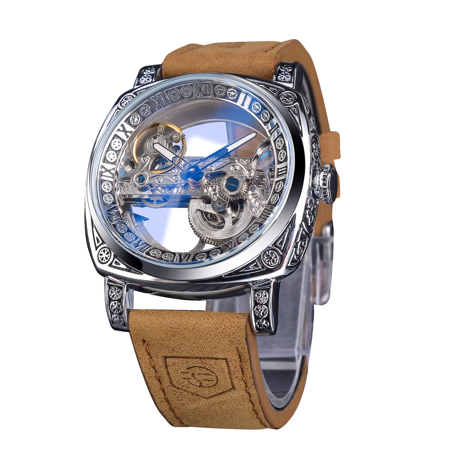 FORSINING Men's Automatic Watch - Skeleton Square Dial, Leather Strap for Business & Casual Wear