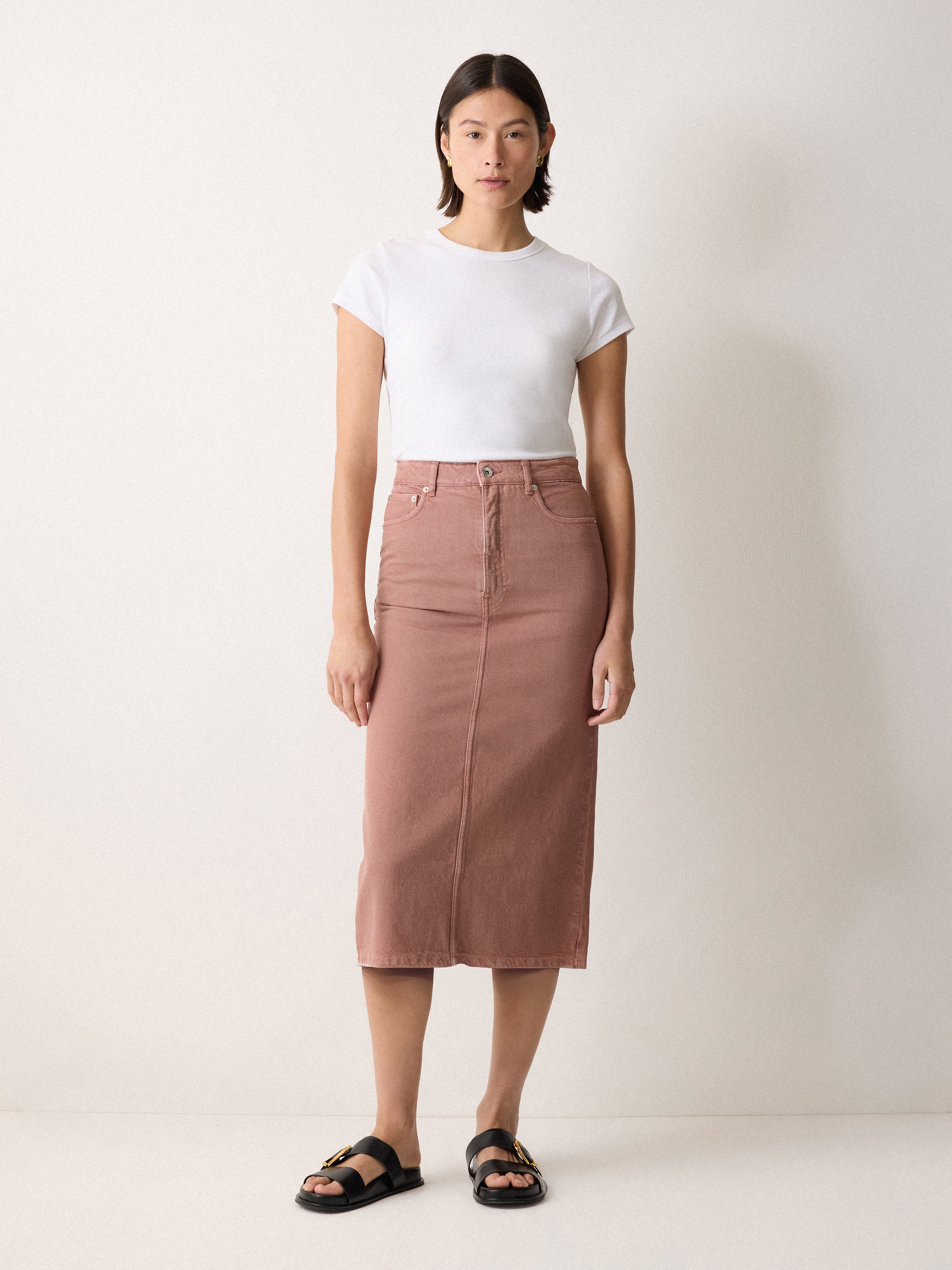 Cole Women's Washed Pink Denim Midi Skirt - Casual Stretch Comfortable A-Line Skirt for Spring Summer Outfits, Work & Date Night