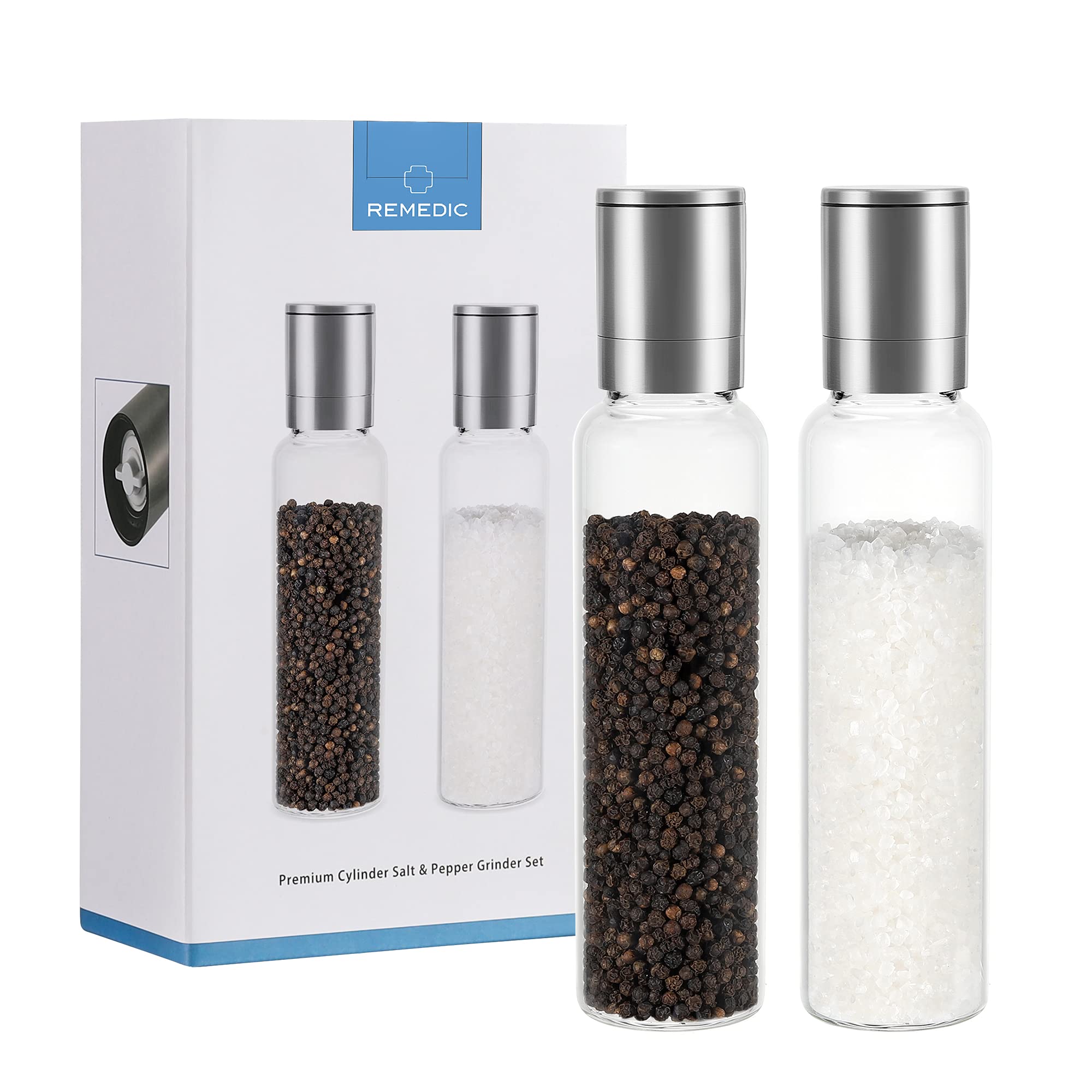 Premium Stainless Steel Salt and Pepper Grinder Set - Adjustable Ceramic Mill with Borosilicate Glass Jars - Tall Spice Shaker for Kitchen, Dining & Gifting - Perfect for Home Cooking, Restaurants & Gourmet Meals