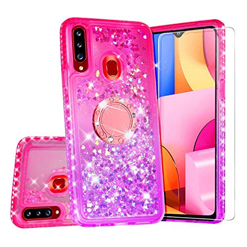 Sparkling Rhinestone Liquid Quicksand Phone Case for Samsung Galaxy A20S - Cute Glitter Cover with Embedded Ring for Magnetic Car Mount & Lanyard (Purple/Pink) - Perfect for Girls, Teens & Fashion Lovers