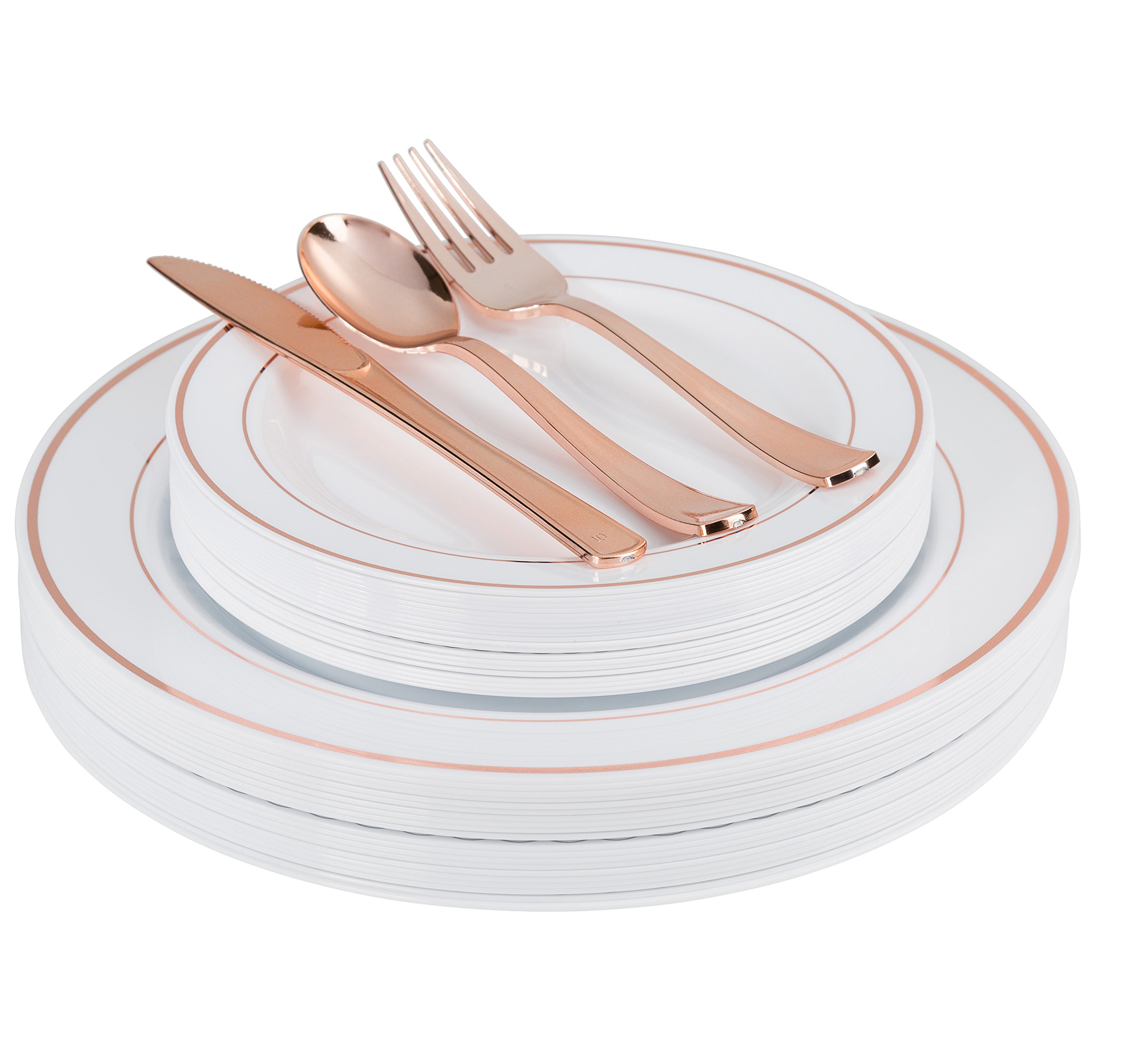 200-Piece Heavyweight Disposable Plastic Party Plates & Cutlery Set - 40 Dinner Plates, 40 Dessert Plates, 40 Silver Forks, Knives & Spoons - Rose Gold - Perfect for Weddings, BBQs, Picnics & Birthday Parties