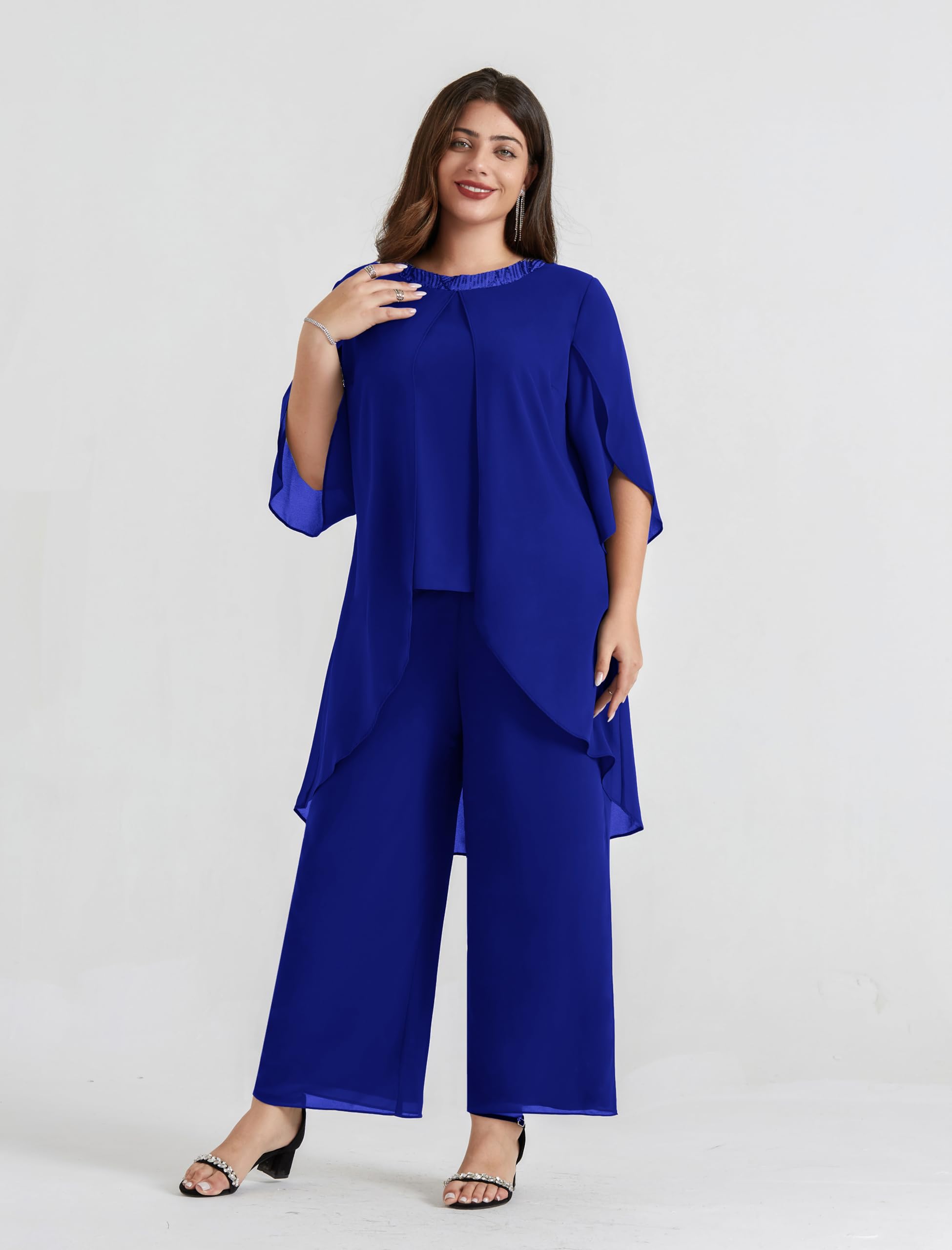 Hanna Nikole Plus Size Mother of The Bride Pant Suits - 2 Piece Chiffon Dressy Wedding Guest Outfit with High Low Hem - Elegant Formal Wear for Weddings, Parties & Special Occasions