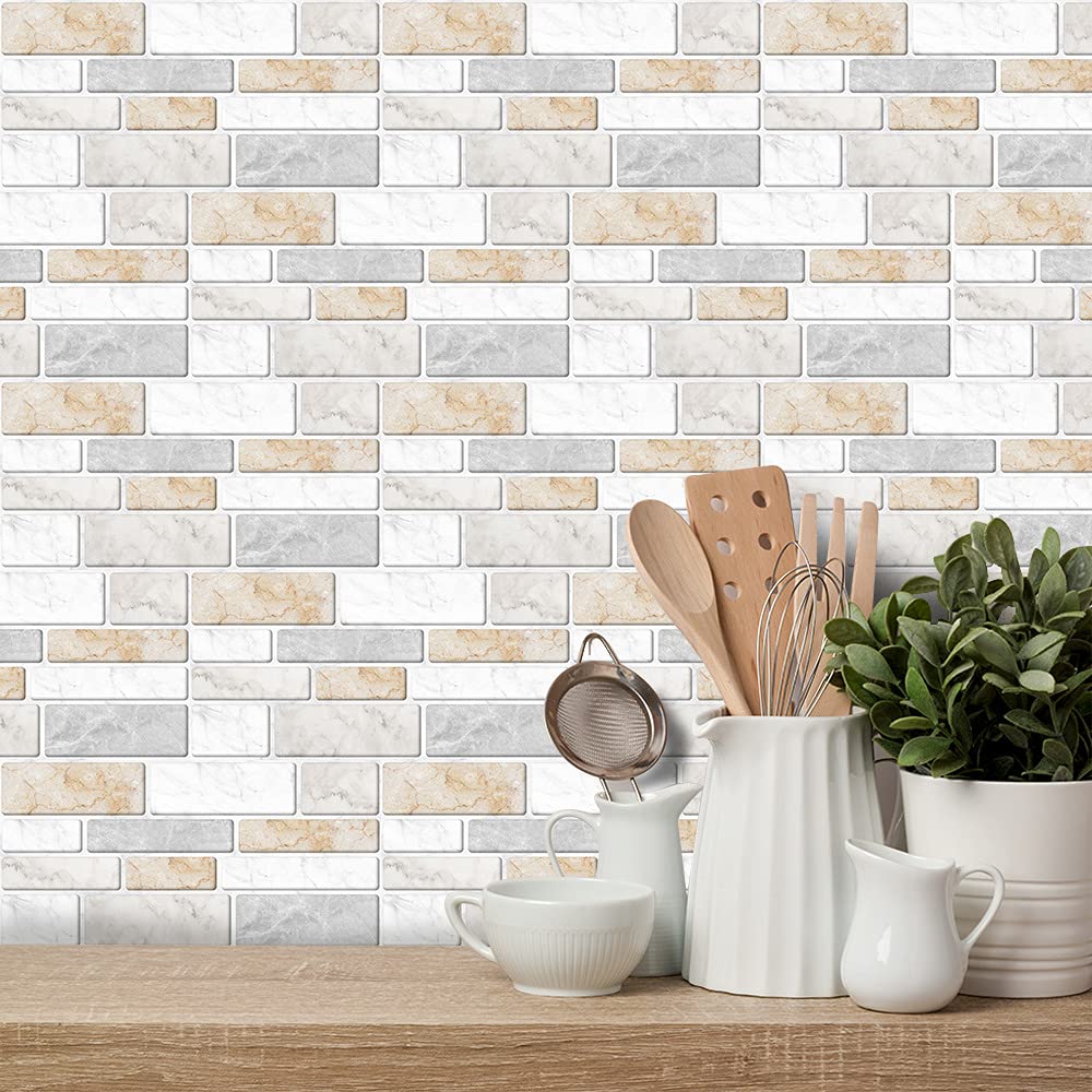 9-Piece 3D Brick Pattern Tile Stickers - Waterproof & Scratch-Resistant Marble Effect Wall Decals for Kitchen, Bathroom, Backsplash & Home Decor