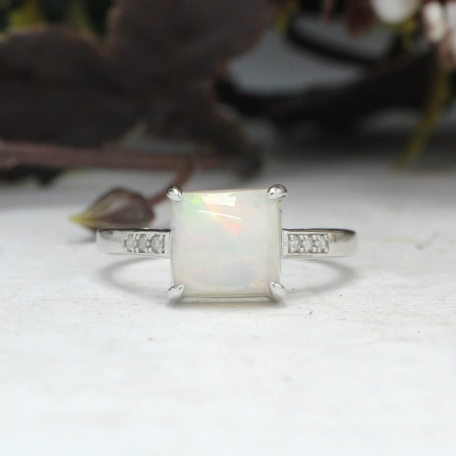8MM Princess Cut Natural White Opal & Diamond Accent Solitaire Ring in 14K Gold Over Sterling Silver - Elegant Engagement Wedding Band for Women, Perfect Valentine's Day Gift for Her - Ideal for Proposals, Anniversaries, and Special Occasions