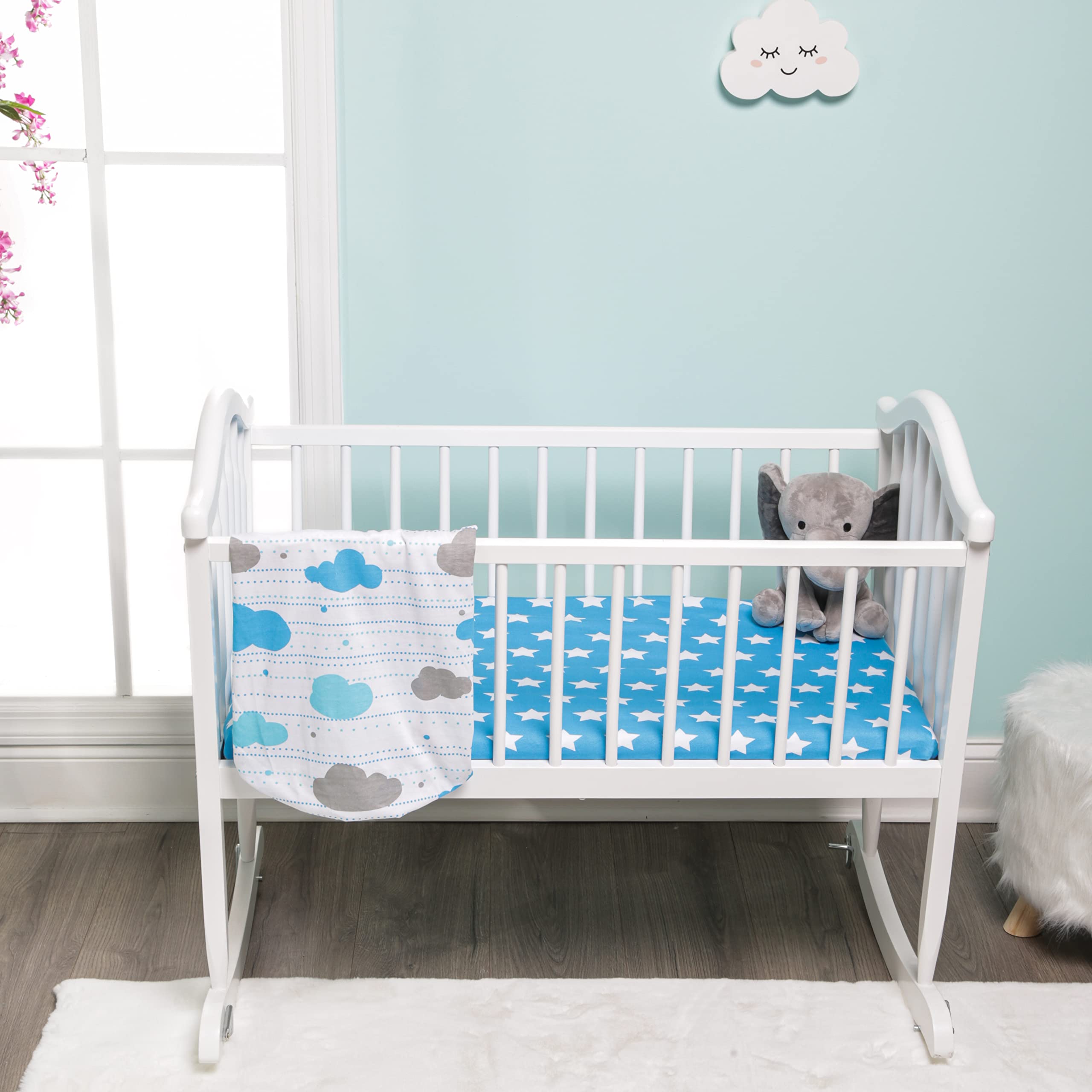 2 Pack Baby Cradle Sheets - 100% Cotton Jersey Knit Fitted Crib Sheets for Boys & Girls, Soft Breathable Nursery Bedding Set (Blue/Gray Clouds + Blue/White Stars) - Perfect for Newborns, Infants & Toddlers Daycare or Home Nursery