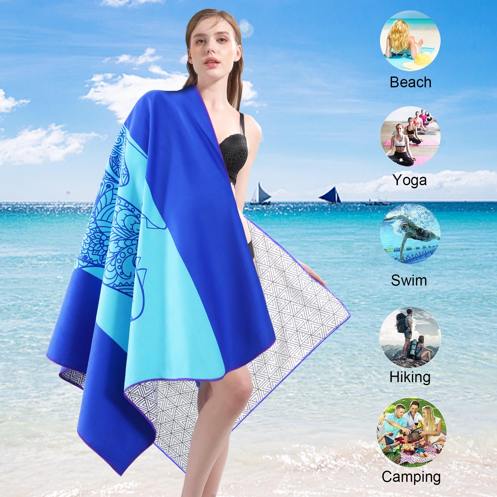 Quick Dry Microfiber Beach Towel - Sandproof Lightweight Compact Travel Towel for Swimming, Camping & Vacation - Navy Blue Shark Design for Men & Women