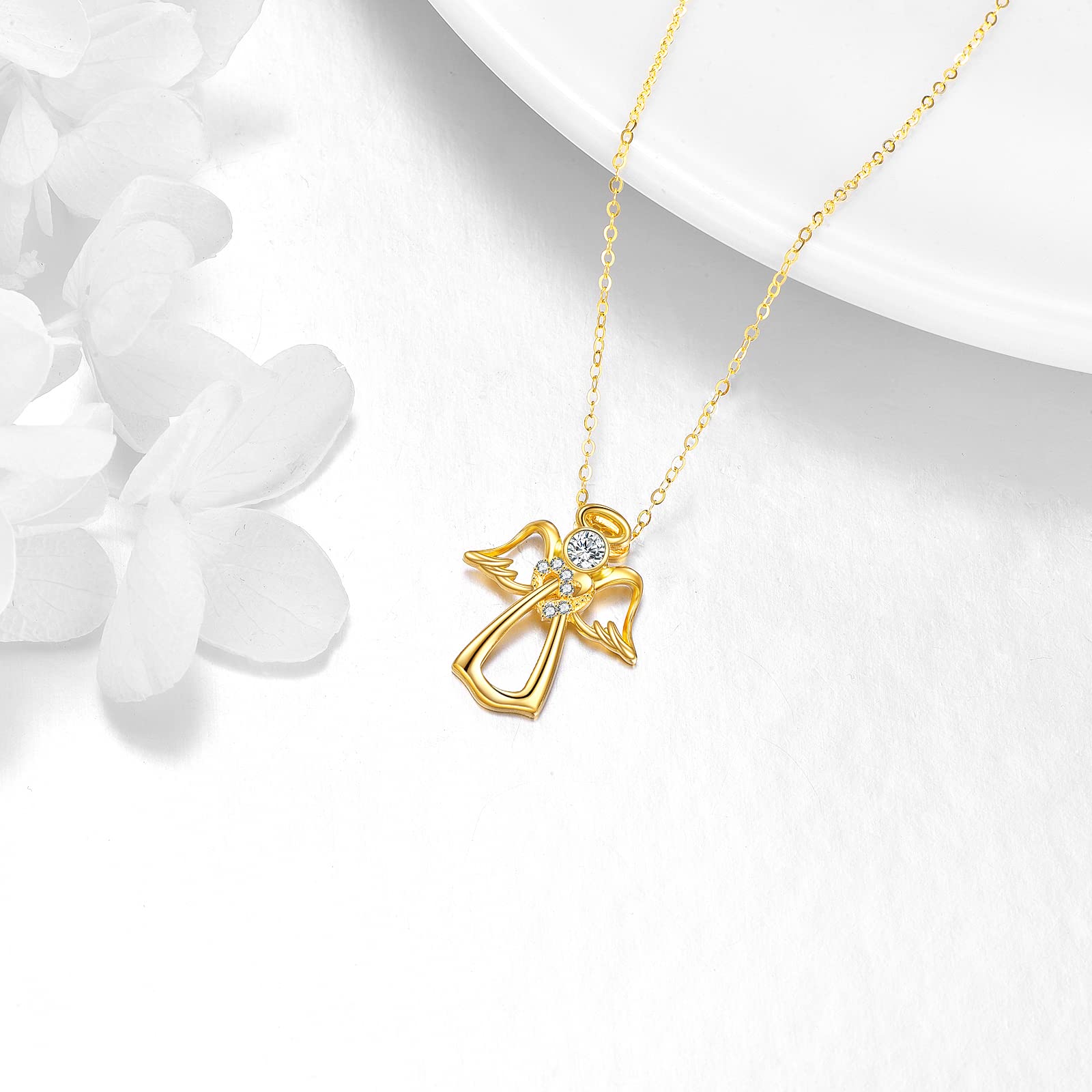 14K/18K Yellow Gold Guardian Angel Necklace with Heart Crystal & Angel Wings Pendant - Elegant Gift for Women, Girls, Wife, Daughter, Girlfriend - Perfect for Birthdays, Anniversaries, Christmas & Special Occasions