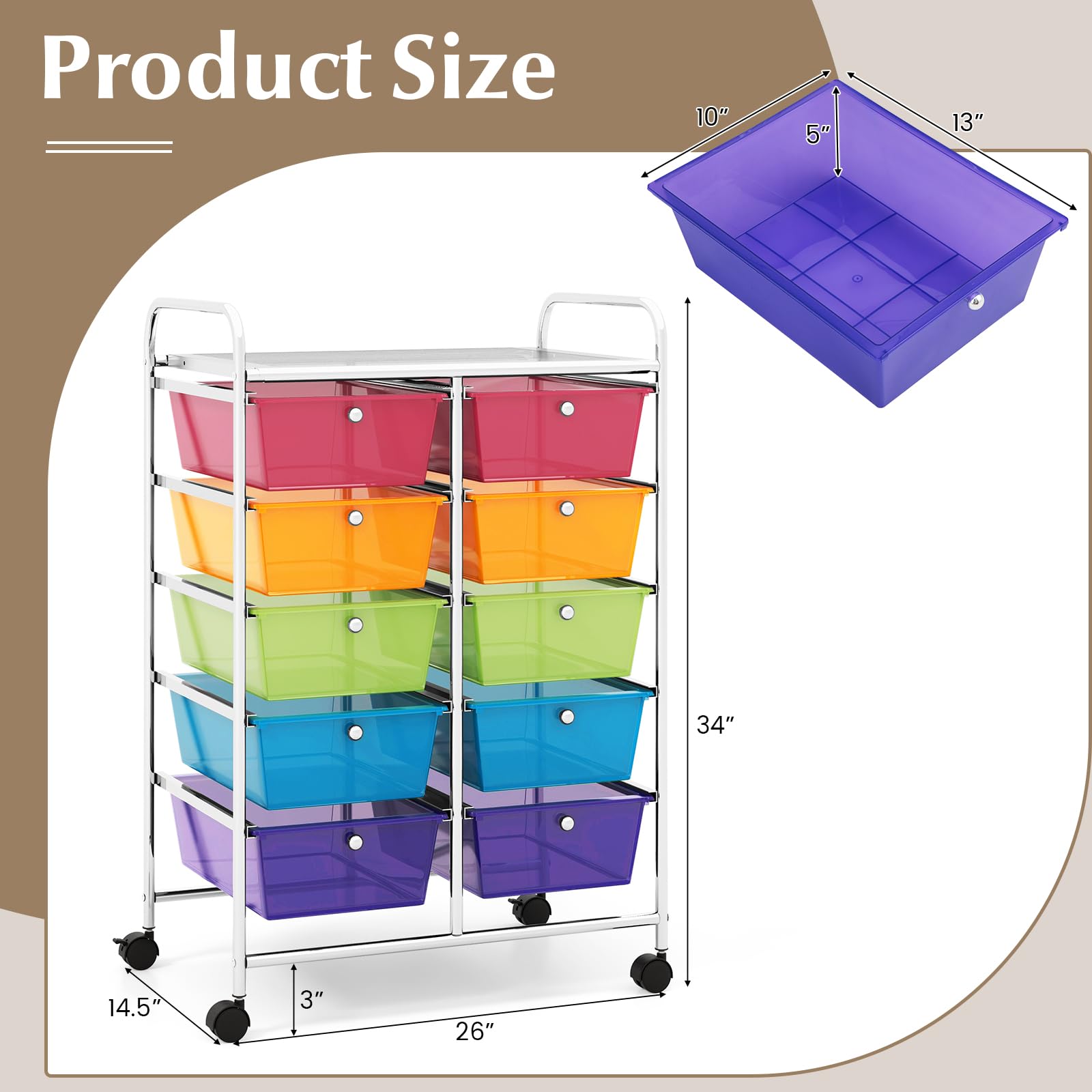 GOFLAME 10-Drawer Rolling Storage Cart - Mobile Craft Organizer with Wheels for Art Supplies, School, Office & Home Use - Rainbow Color Multipurpose Utility Cart for Classroom, Craft Room & Office Organization