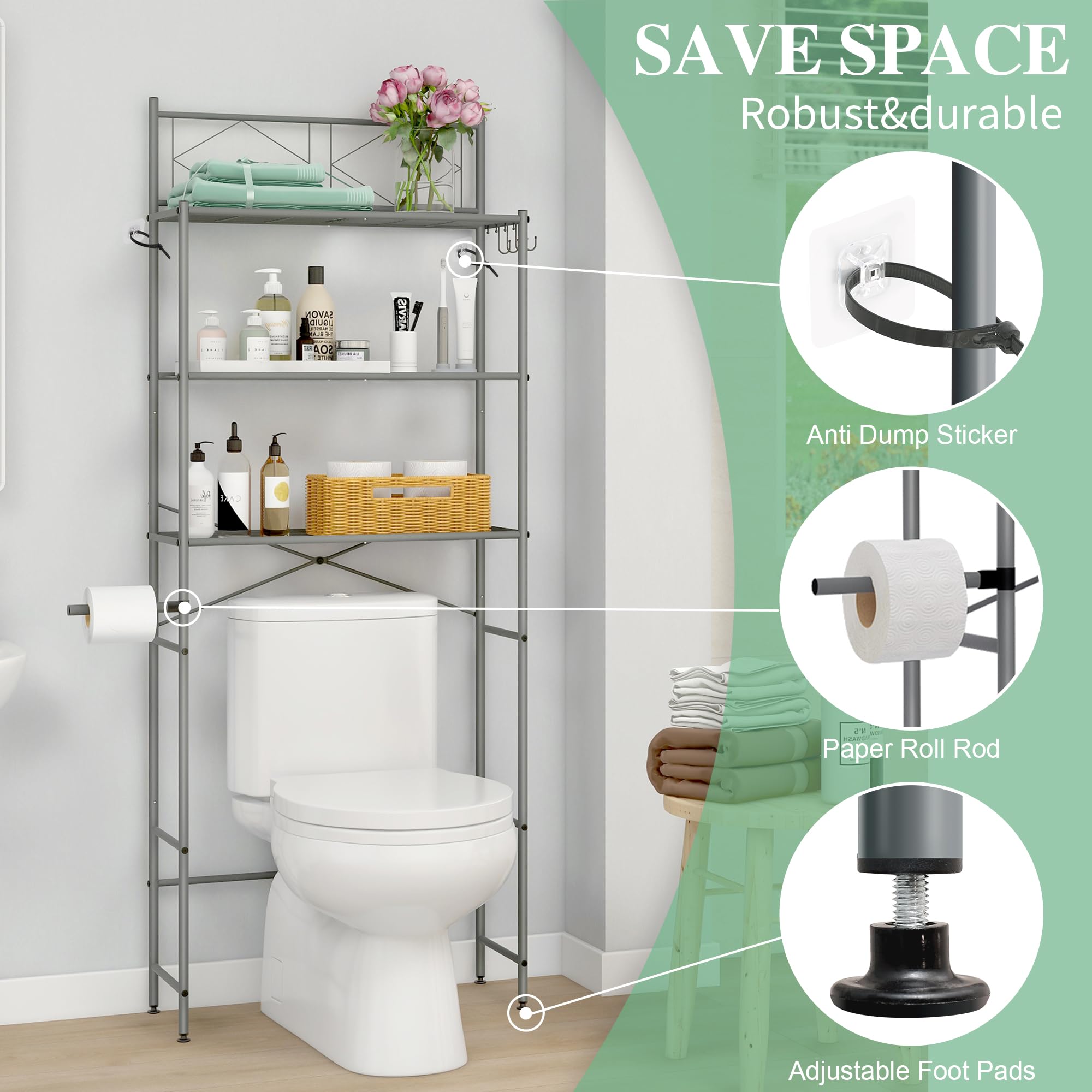 MallBoo 3-Tier Over The Toilet Storage Shelf - Freestanding Bathroom Organizer with X-Shaped Bar, Space Saving Shelf for Towels, Toiletries & Decor - Perfect for Small Bathrooms, Apartments & Dorm Rooms (Grey)