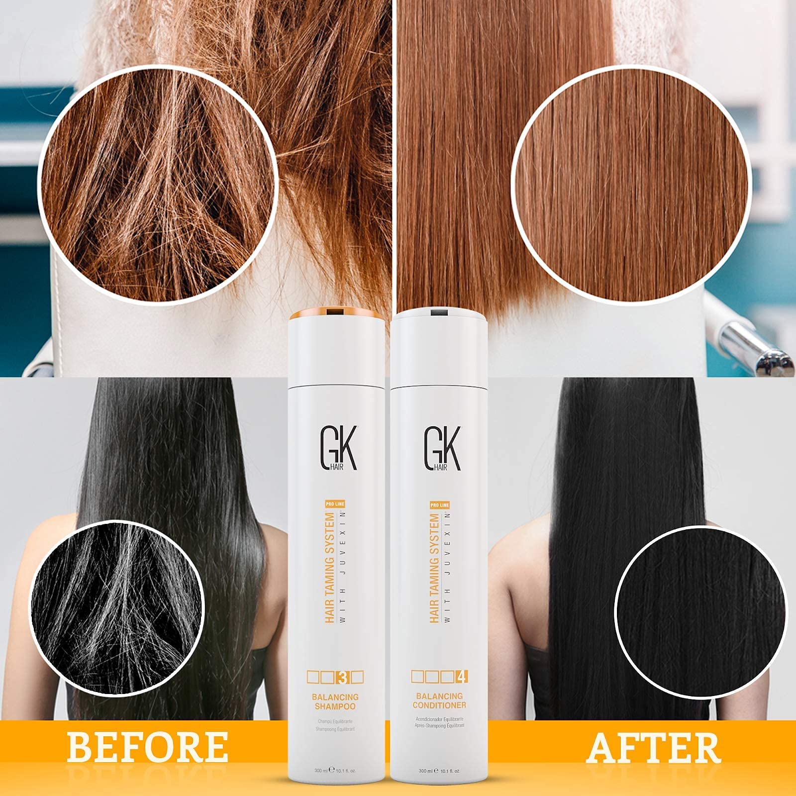 GK Hair Global Keratin Balancing Shampoo & Conditioner Set (300ml) for Damaged Hair - ThermalStyleHer Keratin Treatment (100ml/3.4oz) - Salon-Quality Hair Care for Smooth, Frizz-Free & Heat-Protected Styling