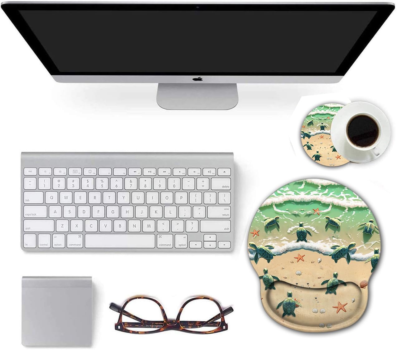 Ergonomic Mouse Pad with Gel Wrist Rest Support - Non-Slip PU Base for Computer, Office & Gaming - Pain Relief Design with Sea Turtles & Starfish Ocean Theme - Includes Cup Coaster for Desk Organization - Perfect for Work, Gaming & Home Office Use