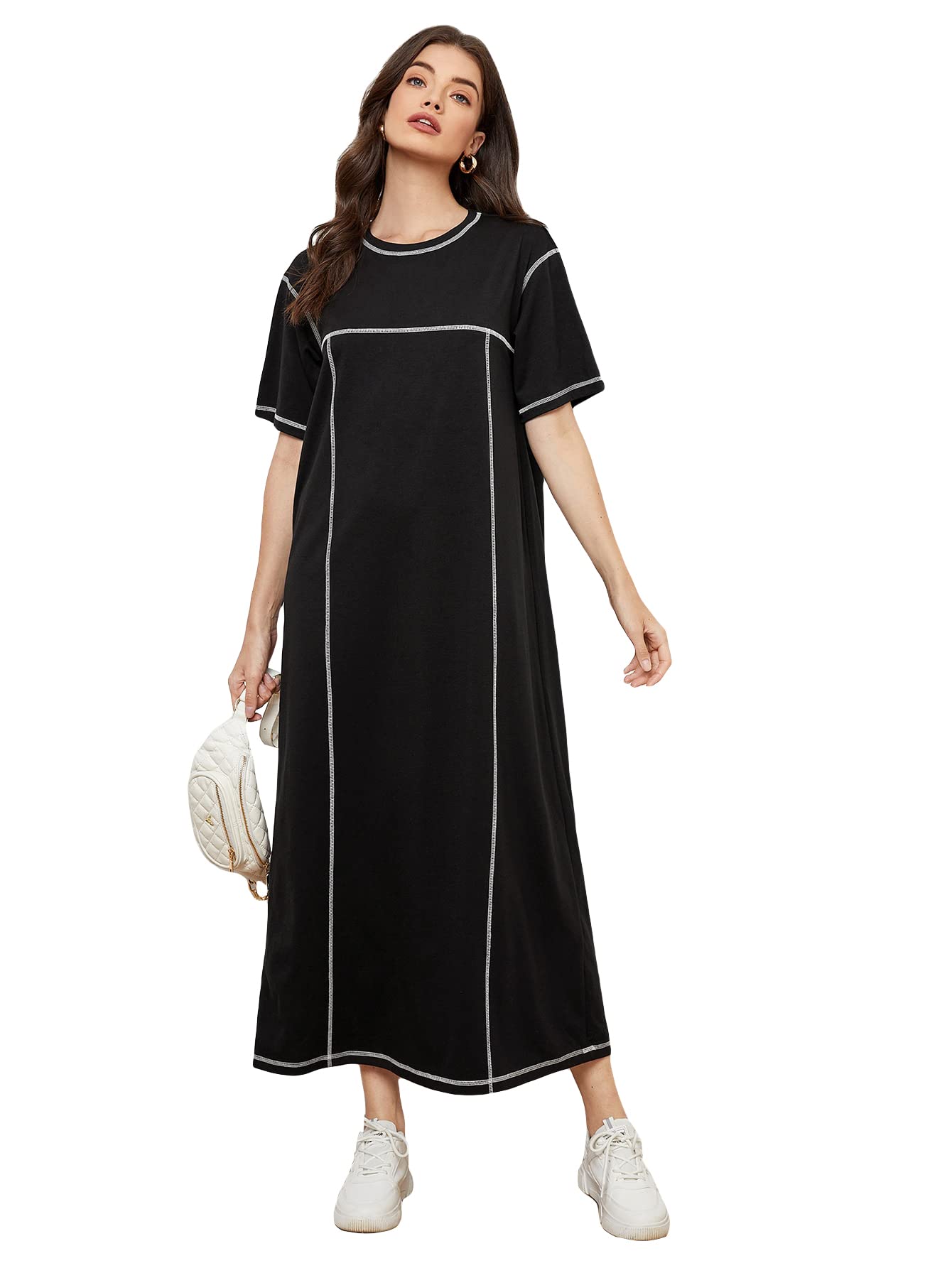 Stylish Women's Casual Summer Shirt Dress - Short Sleeve Stitch Trim Long T-Shirt Dress for Everyday Wear | Perfect for Beach, Office & Date Nights