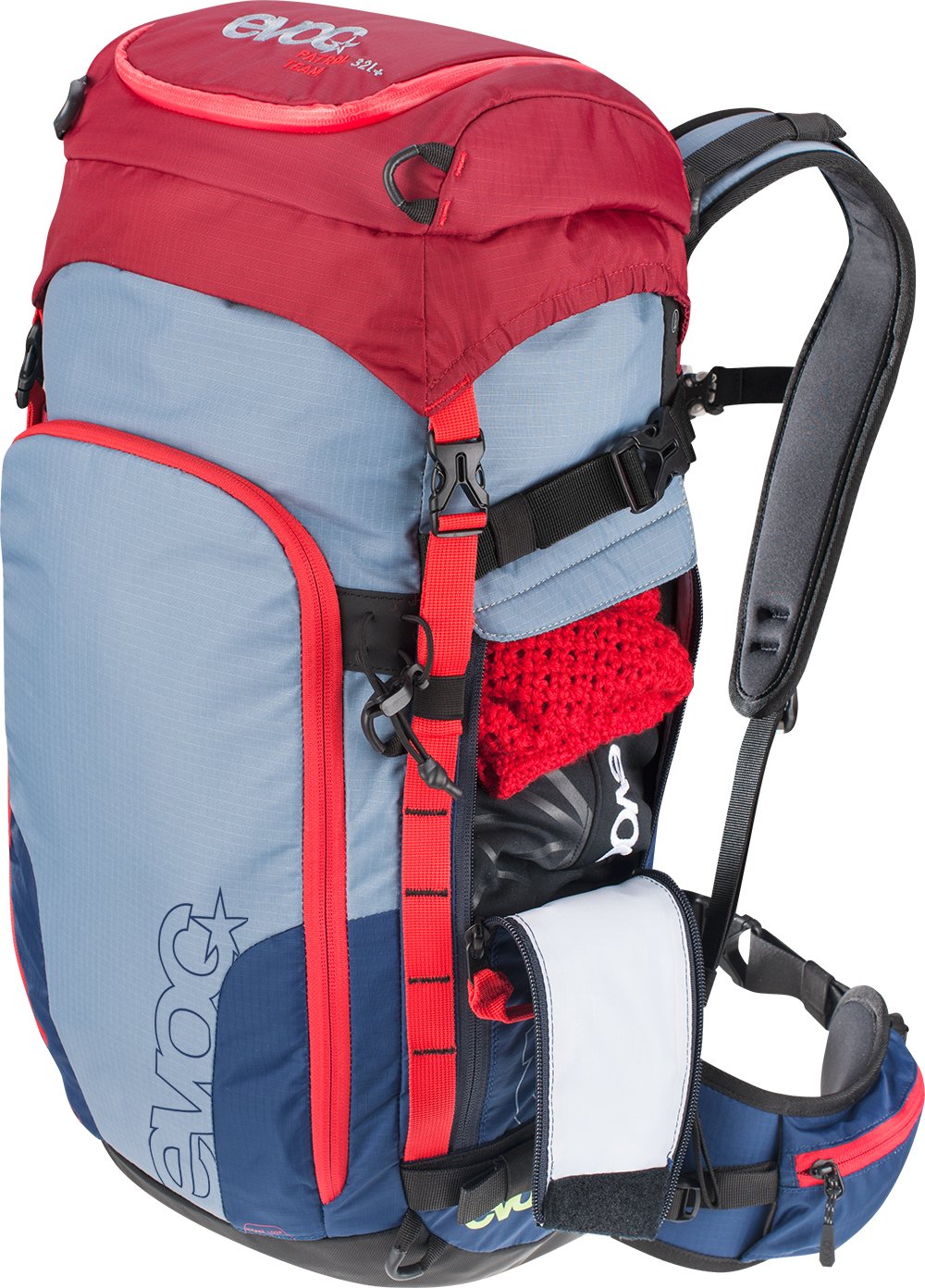 Evoc Patrol Team Backpack 32L - Durable Hiking & Travel Backpack for Outdoor Adventures - Navy/Stone/Red - Perfect for Camping, Trekking & Daily Commute