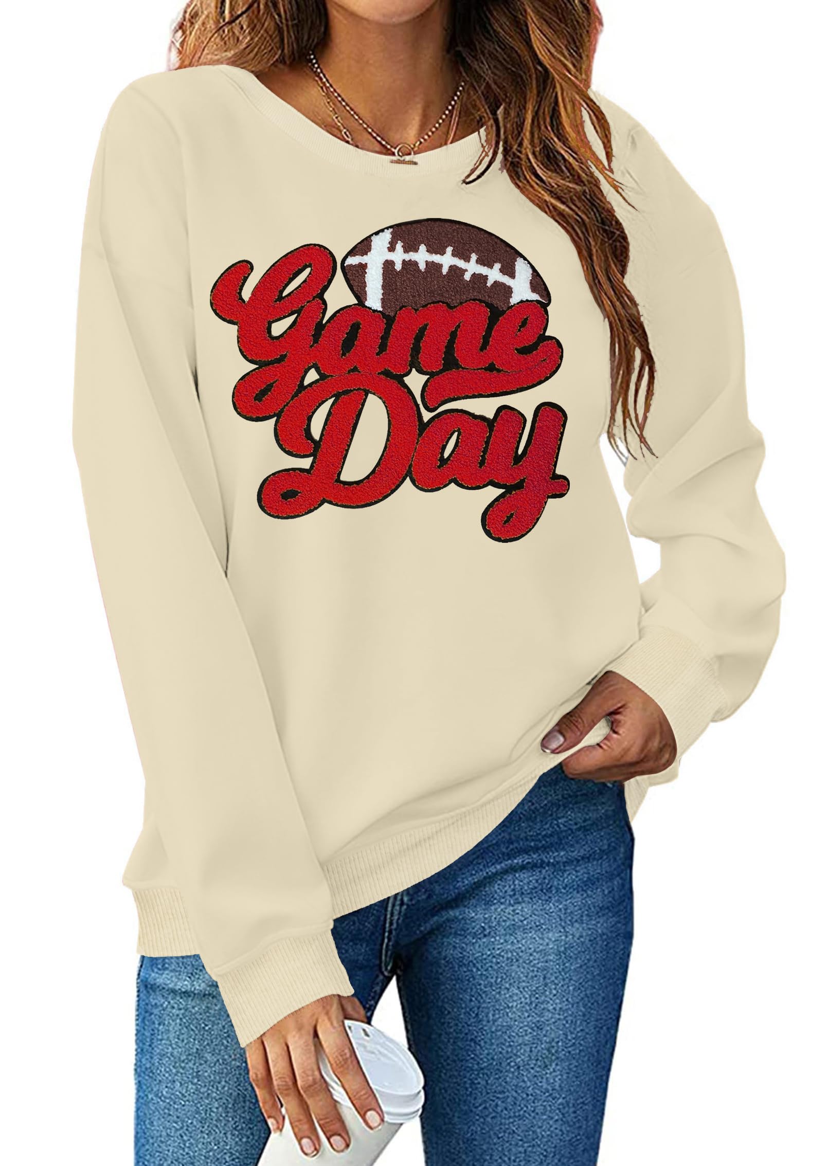 Women's Football Game Day Sweatshirt - Chenille Patch Graphic Long Sleeve Top for Casual Wear, Tailgating & Sports Events