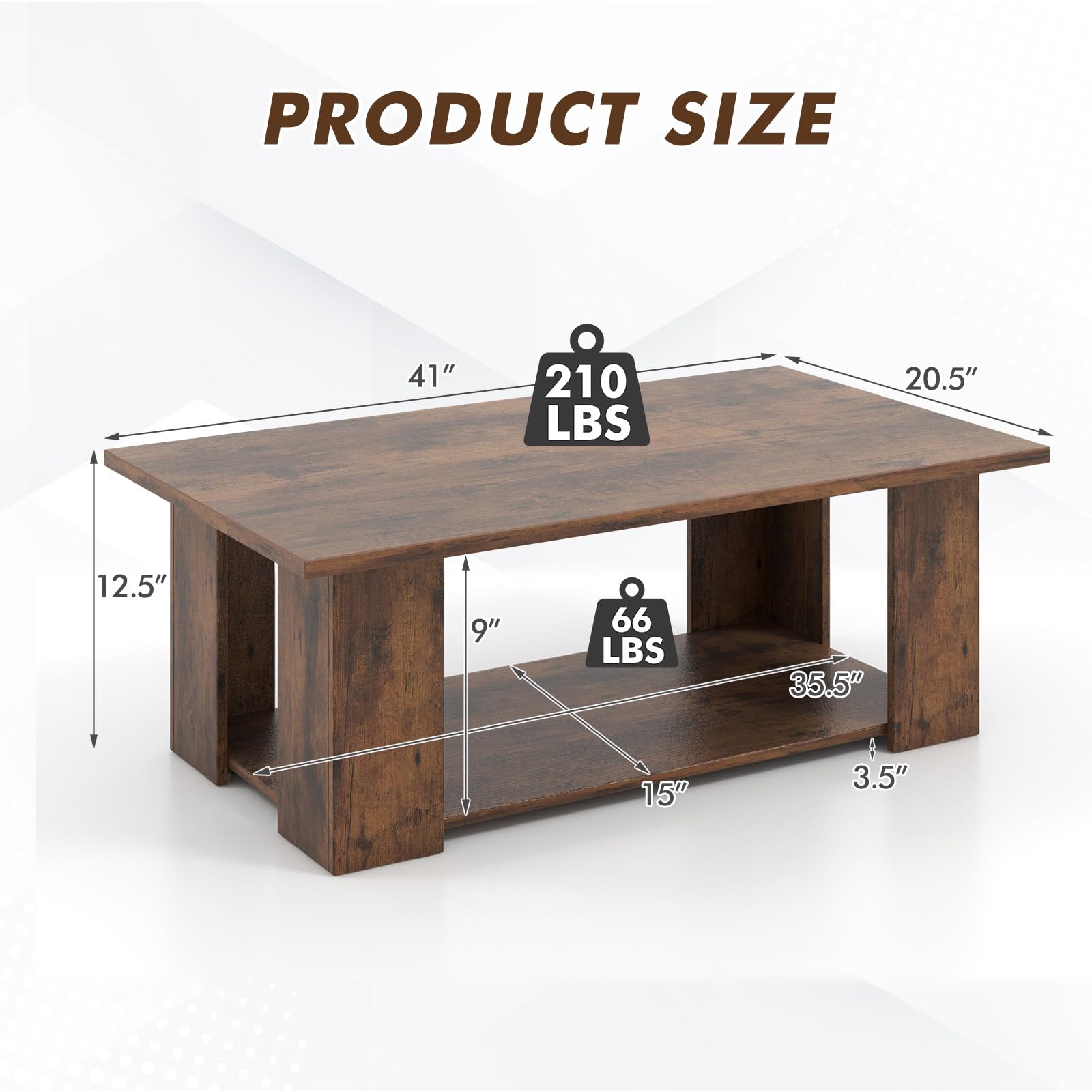 Tangkula 2-Tier Modern Coffee Table - Rustic Brown Rectangular Cocktail Table with 5 Sturdy Legs, Wooden Living Room Furniture for Small Spaces, Easy Assembly - Perfect for Apartments, Dorms & Cozy Home Decor