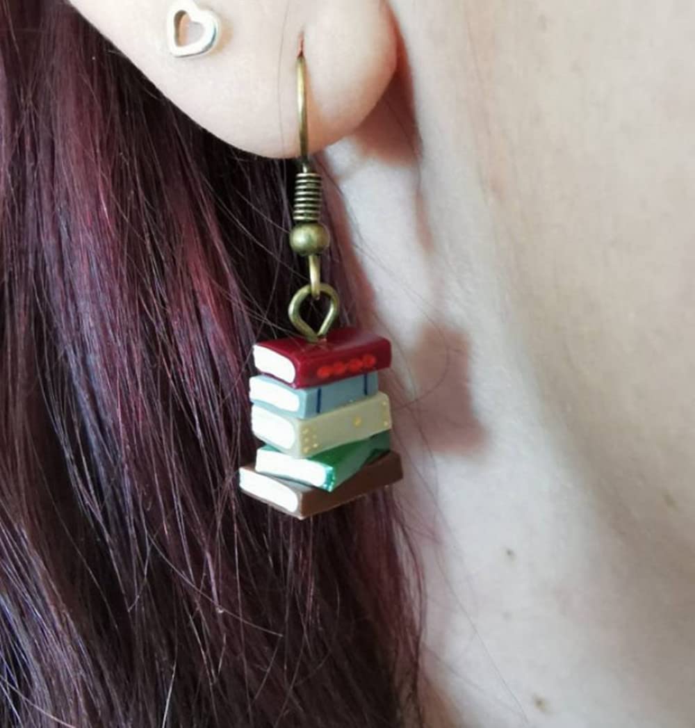 Unique Clay Book Stack Dangle Earrings for Women - Cute Librarian & Teacher Gift for Birthday, Christmas, Holiday - Perfect for Book Lovers, Students & Educators