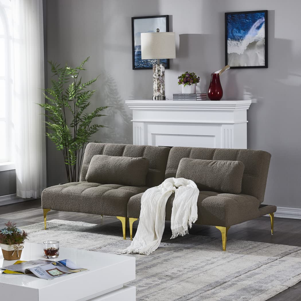 DNChuan Convertible Sofa Bed with 2 Single Chairs & Pillows - Taupe Teddy Fabric Upholstery, Sturdy Metal Legs - Perfect for Small Spaces, Guest Rooms & Apartments