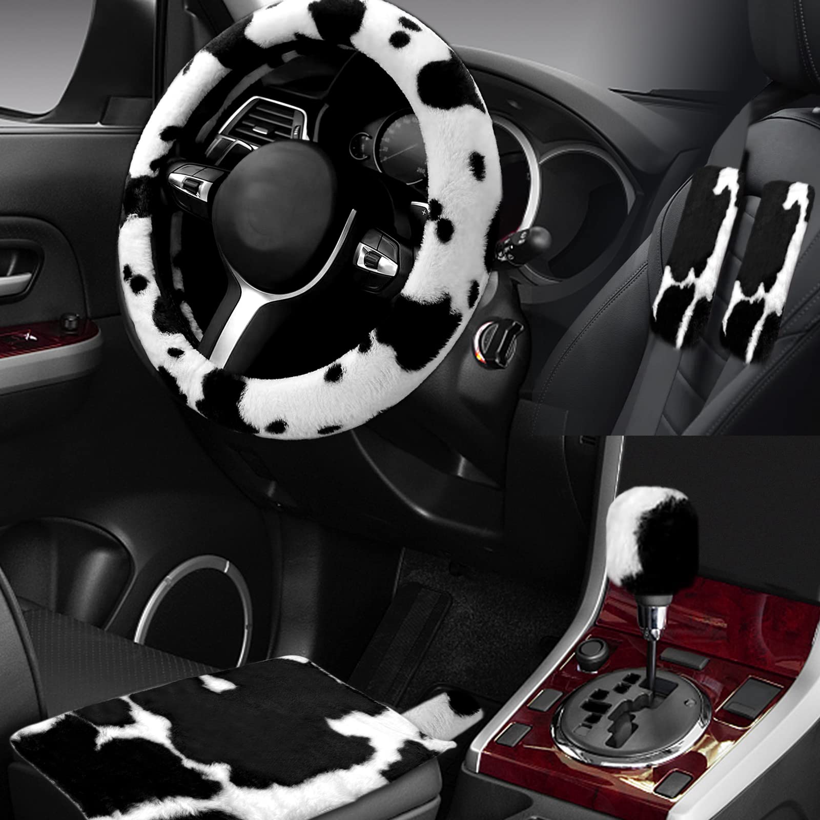 6PCS Car Interior Aesthetic Accessories Set - Fluffy Cute Cow Print Steering Wheel Cover, Armrest Pad, Seat Belt Cover & Gear Shift Cover - Perfect for Girly Car Decor & Comfort Driving