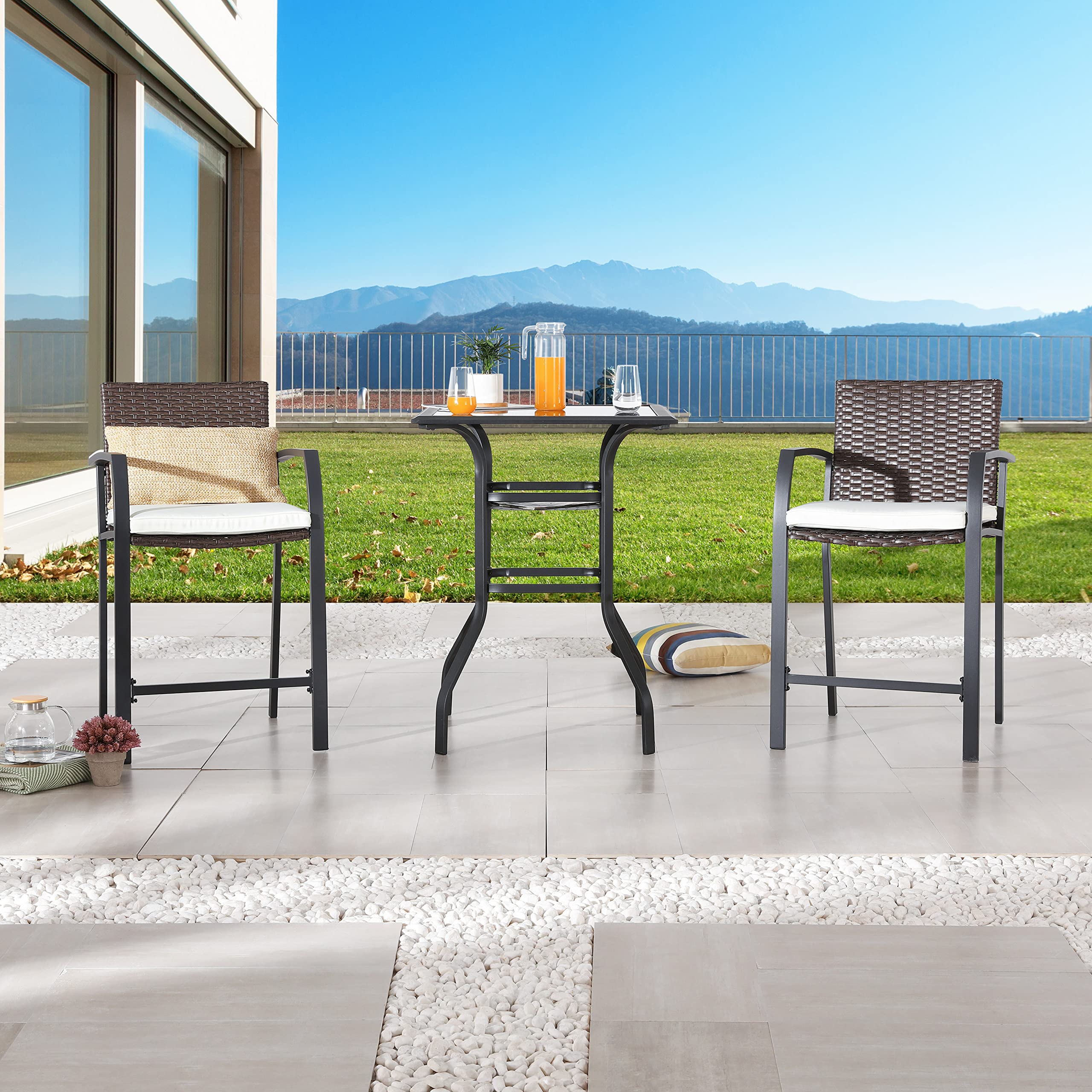 3-Piece Wicker Bar Stool Set with Cushions & Coffee Table - Outdoor Patio Furniture for Garden, Poolside