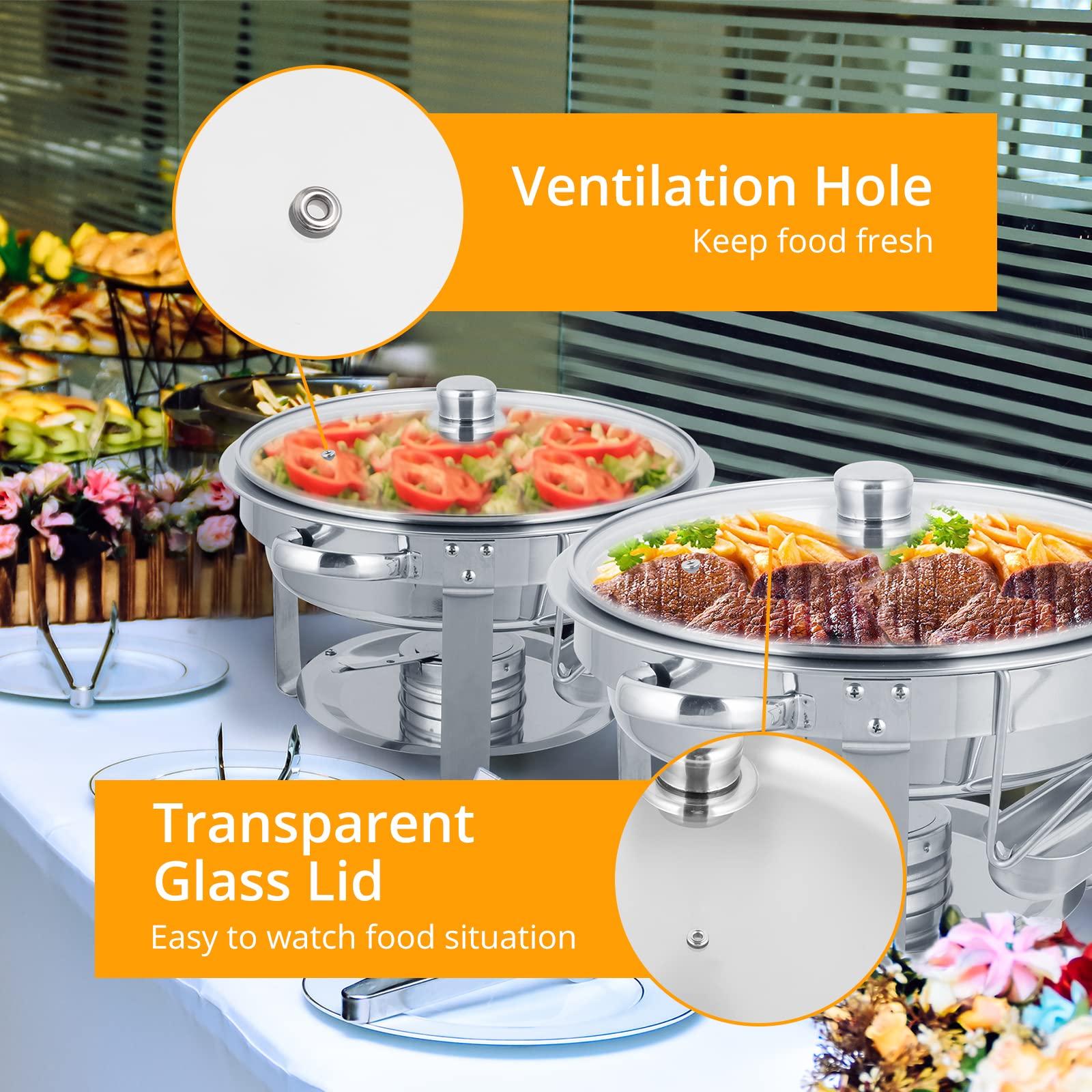 ROVSUN 5Qt 4-Pack Stainless Steel Chafing Dish Buffet Set - NSF Certified Round Food Warmers for Catering, Weddings & Banquets - Includes Glass Lids & Holder with Sturdy Stand Frame - Perfect for Buffet Serving, Party Events & Food Warming Stations