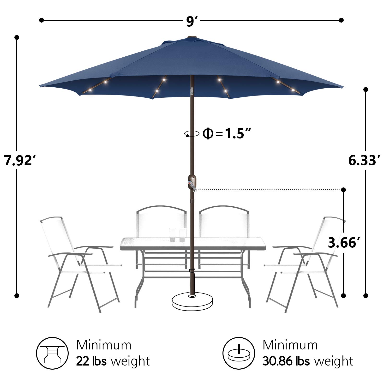 9ft Solar LED Patio Umbrella with Tilt & Crank - Perfect for Garden, Deck, Pool