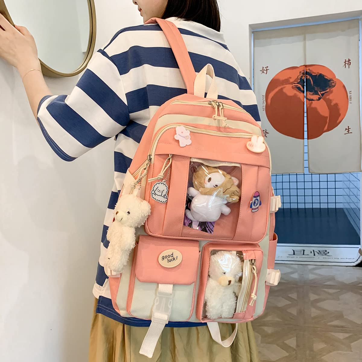 Preppy Kawaii Backpack for Girls with Pin & Accessories - Pink School Bag for Cute Aesthetic Style