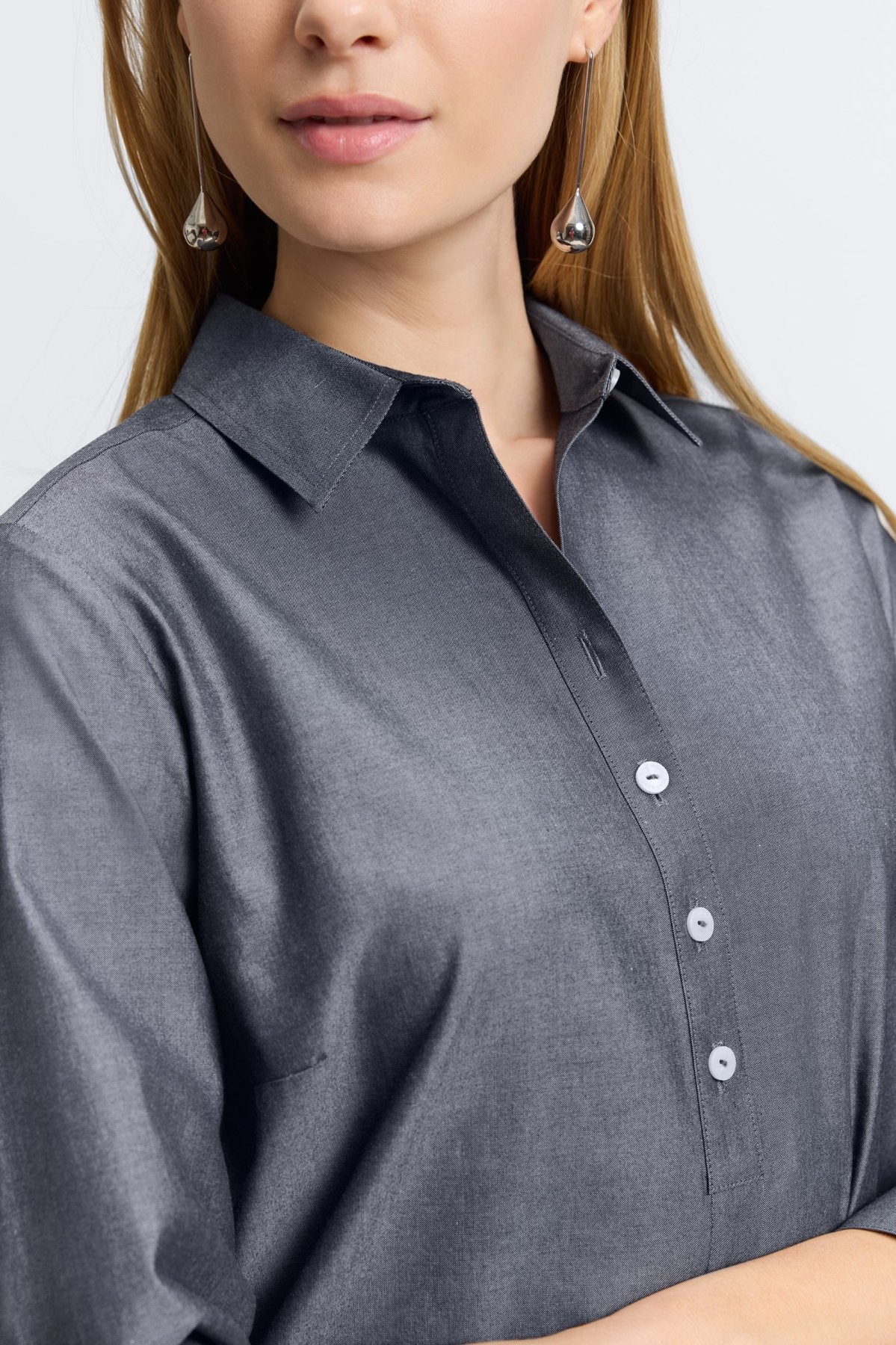 Madison No Iron Pinpoint 3/4 Sleeve Tunic Shirt for Women - Wrinkle-Free Office Wear & Casual Outfits - Perfect for Work, Travel and Everyday Comfort