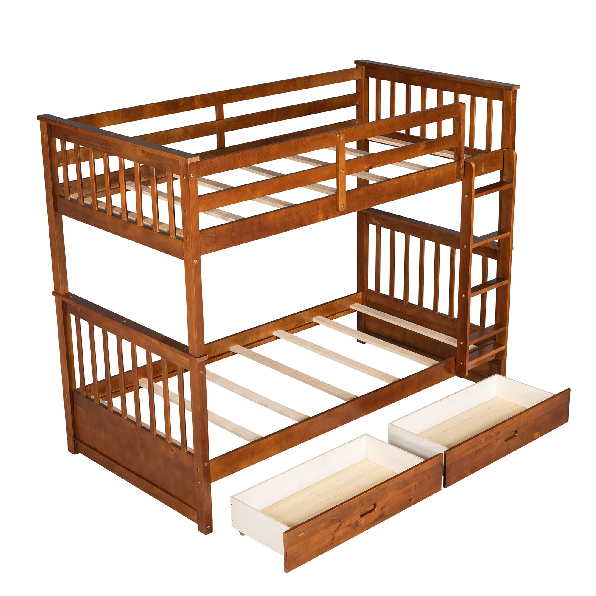 P PURLOVE Twin Over Twin Bunk Bed with 2 Storage Drawers - Convertible Wooden Bunk Bed Frame with Ladder - Separates into 2 Single Beds - Space-Saving Solution for Kids, Teens, Boys & Girls - No Box Spring Required (Walnut Finish) - Perfect for Small Bedrooms, Guest Rooms & Vacation Homes