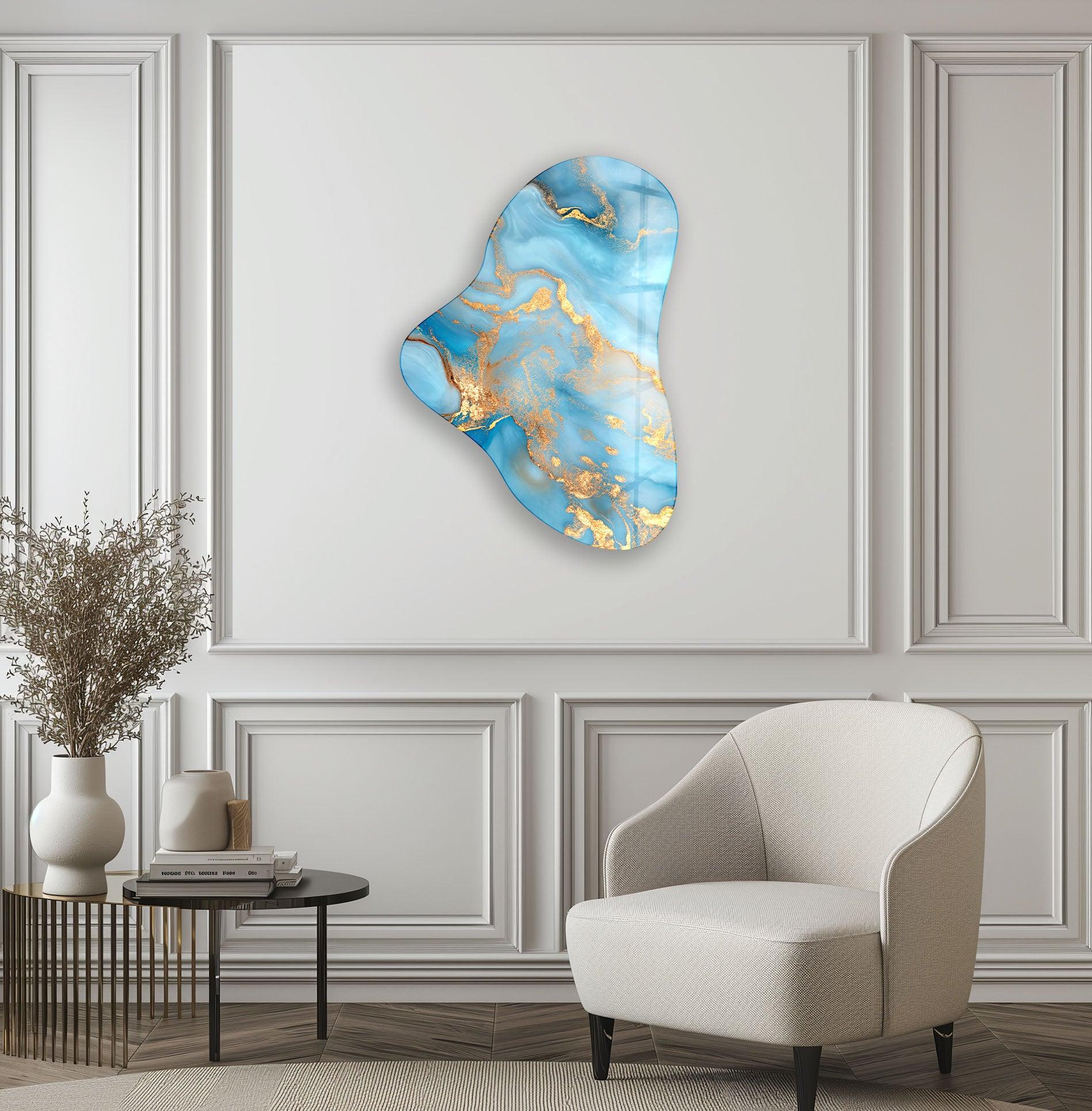 Blue Marble Asymmetrical Glass Wall Art - Modern Abstract Home Decor for Living Room, Bedroom & Office