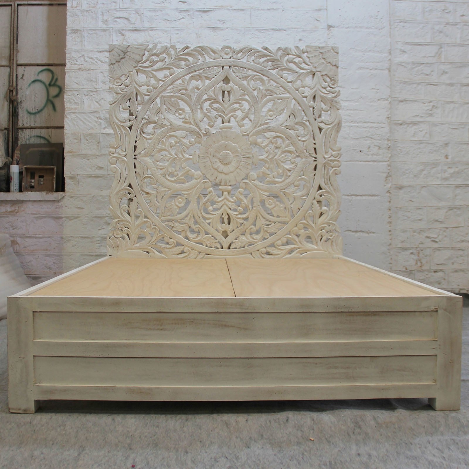 Handcrafted Dynasty Carved Queen Size Bed Frame - Solid Wood, Natural Finish - Perfect for Master Bedroom, Guest Room & Luxury Home Decor