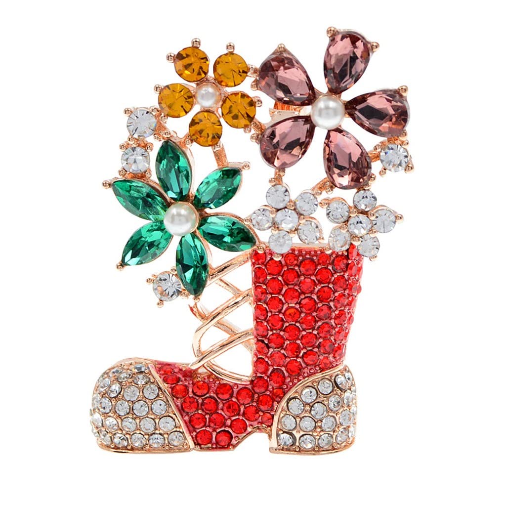 Sparkling Rhinestone Christmas Socks & Flower Brooch Pins Set for Women - Crystal Holiday Jewelry Accessories for Xmas Party, Gift Exchange & Festive Outfits