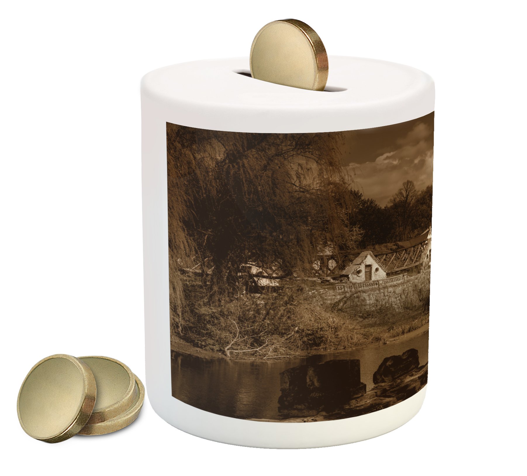 Ambesonne Gothic Piggy Bank - Vintage Ceramic Coin Bank with Medieval Myst House Photo, Boho Style Money Box for Cash Savings - Perfect for Home Decor, Gift Ideas & Collectors (Brown)