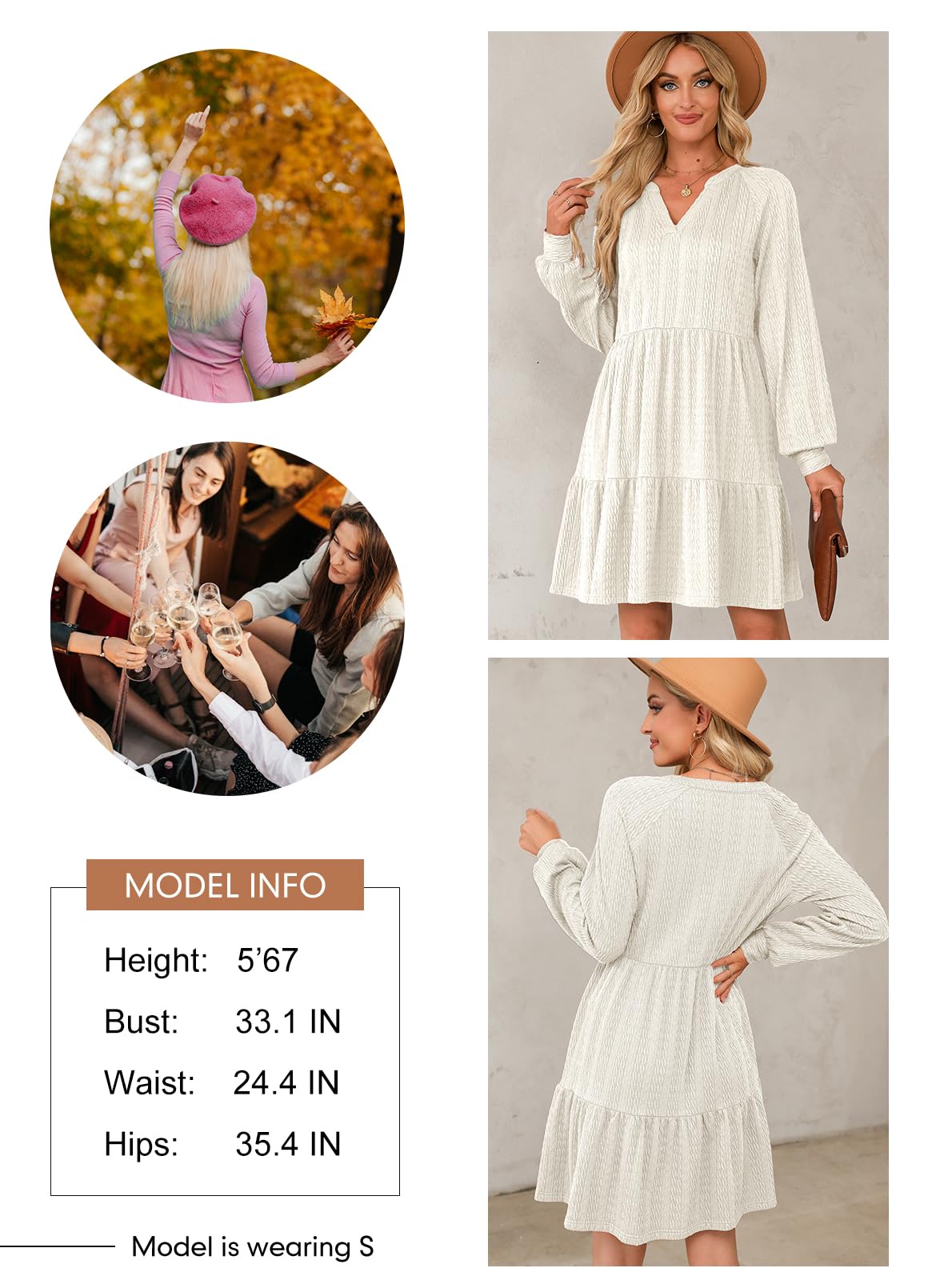 Dokotoo Women's Long Sleeve V-Neck Tiered Ruffle A-Line Mini Dress - Textured Casual Swing Babydoll Dress for Party, Date Night & Spring Fashion 2025