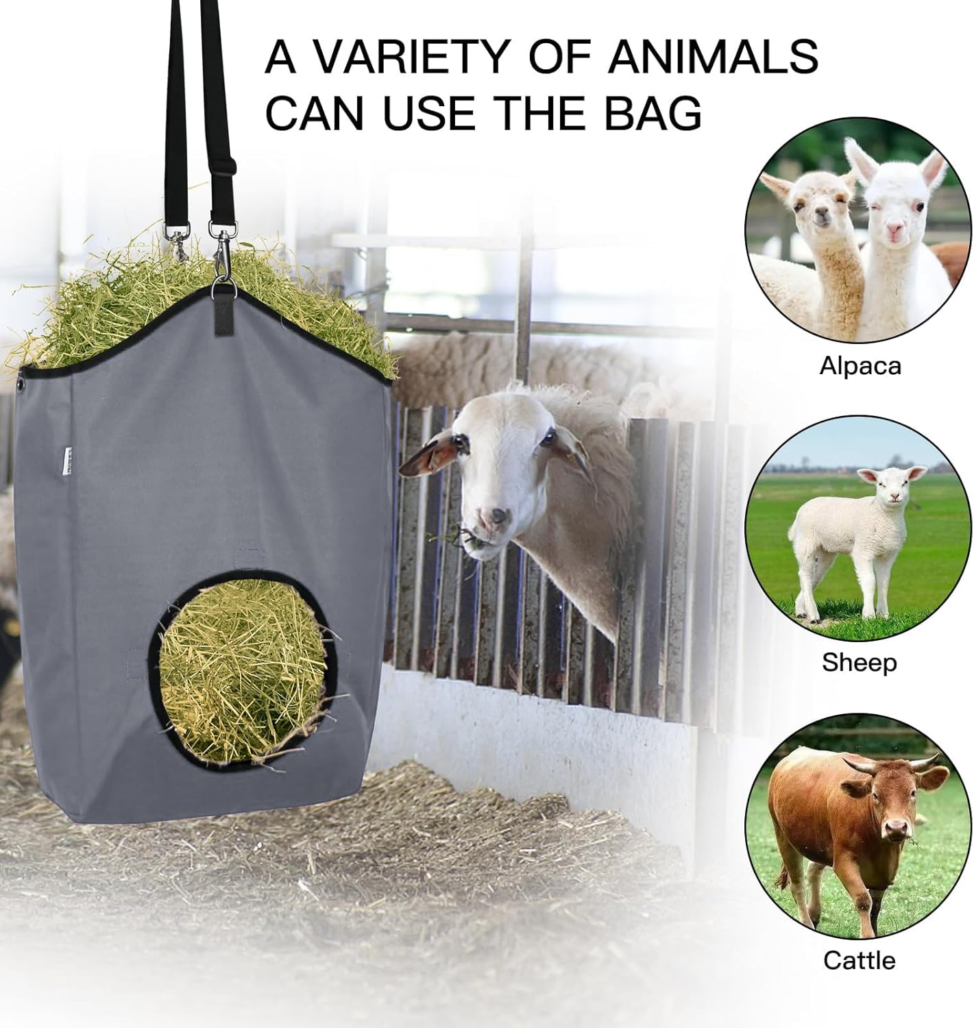 3 Packs Goat Hay Feeder - Premium 600D Oxford Cloth Hay Bags for Goats, Horses & Sheep with Metal Fastener & Adjustable Feed Hole - Slow Feeding Solution (1 Black + 2 Grey) - Perfect for Barns, Stables & Pastures