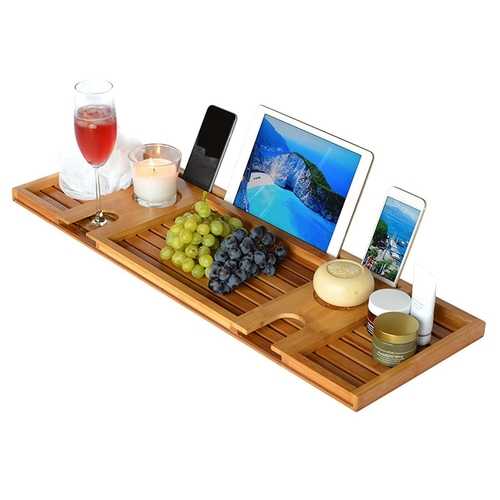 Premium Bamboo Bathtub Caddy Tray with Book Holder, Tablet Stand, Phone Slot & Wine Glass Holder - Relaxing Bath Accessories for Spa, Reading & Wine Time