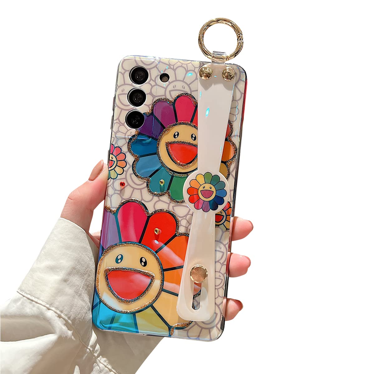 Samsung Galaxy S21 Case [NOT Plus] - Cute Glitter Bling Cartoon Sunflower Design with Wrist Strap & Kickstand | Shockproof TPU Protective Phone Cover for Women & Girls | Perfect for Everyday Use, Work & Travel | 6.2