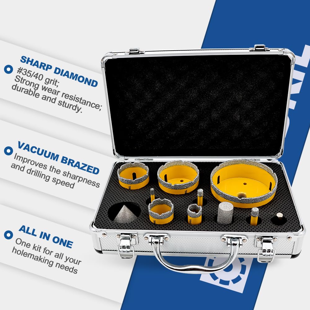 Premium Diamond Drill Bits Kit for Porcelain Tile, Ceramic, Marble, Brick & Concrete - Vacuum Brazed Hole Saw Set (6-100mm) with 5/8-11 Adapter, Chamfer & Finger Bits - Perfect for Bathroom Renovation, Kitchen Backsplash & DIY Tile Projects