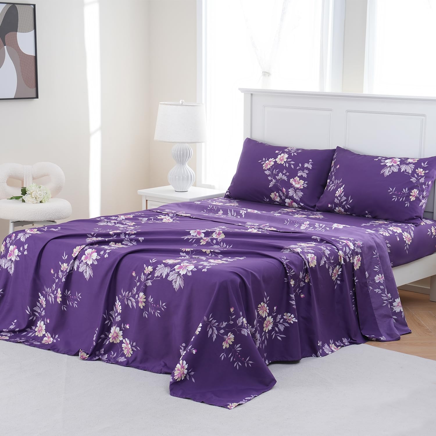 MEISHANG King Size Floral Sheet Set - Ultra Soft Brushed Microfiber Deep Pocket Fitted Sheets (Fits Mattresses up to 16
