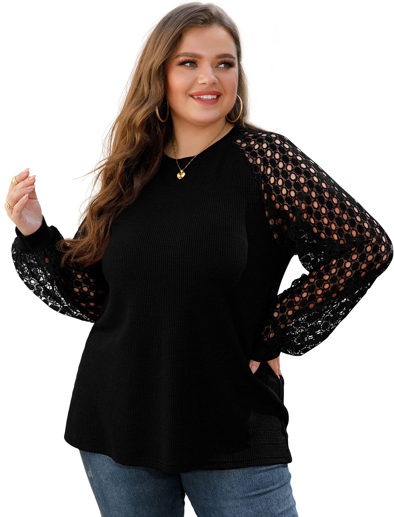 OLRIK Women's Plus Size Lace Sleeve Blouse - Soft Waffle Knit Long Sleeve Tops for Casual Wear, Office & Date Night Outfits