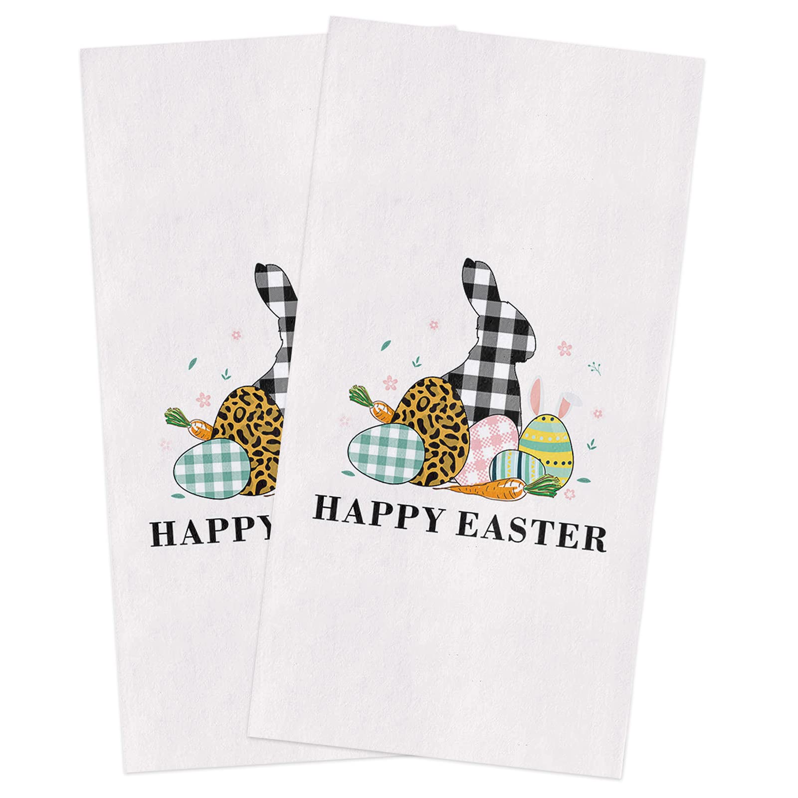 Easter Bunny Ears Carrots Kitchen Dish Towels Set of 2 - Soft Absorbent Microfiber Tea Towels with Spring Floral Leaves Design - 18x28 Inch Decorative Hand Towels for Kitchen, Bathroom & Easter Party Decorations