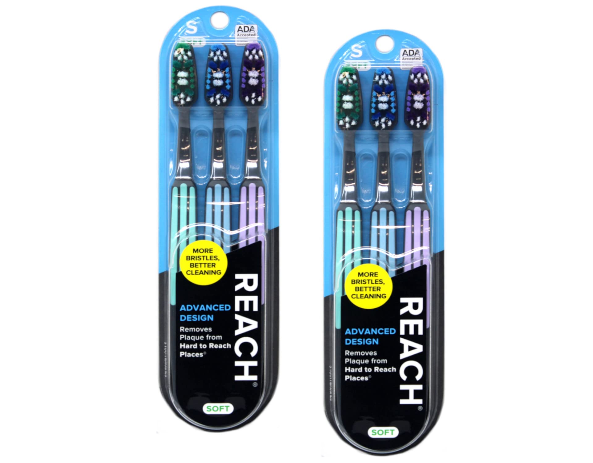 Reach Advanced Design Soft Bristle Toothbrushes - 6 Pack (3 Brushes x 2 Packs), Gentle Cleaning for Sensitive Teeth & Gums, Perfect for Travel & Daily Oral Care