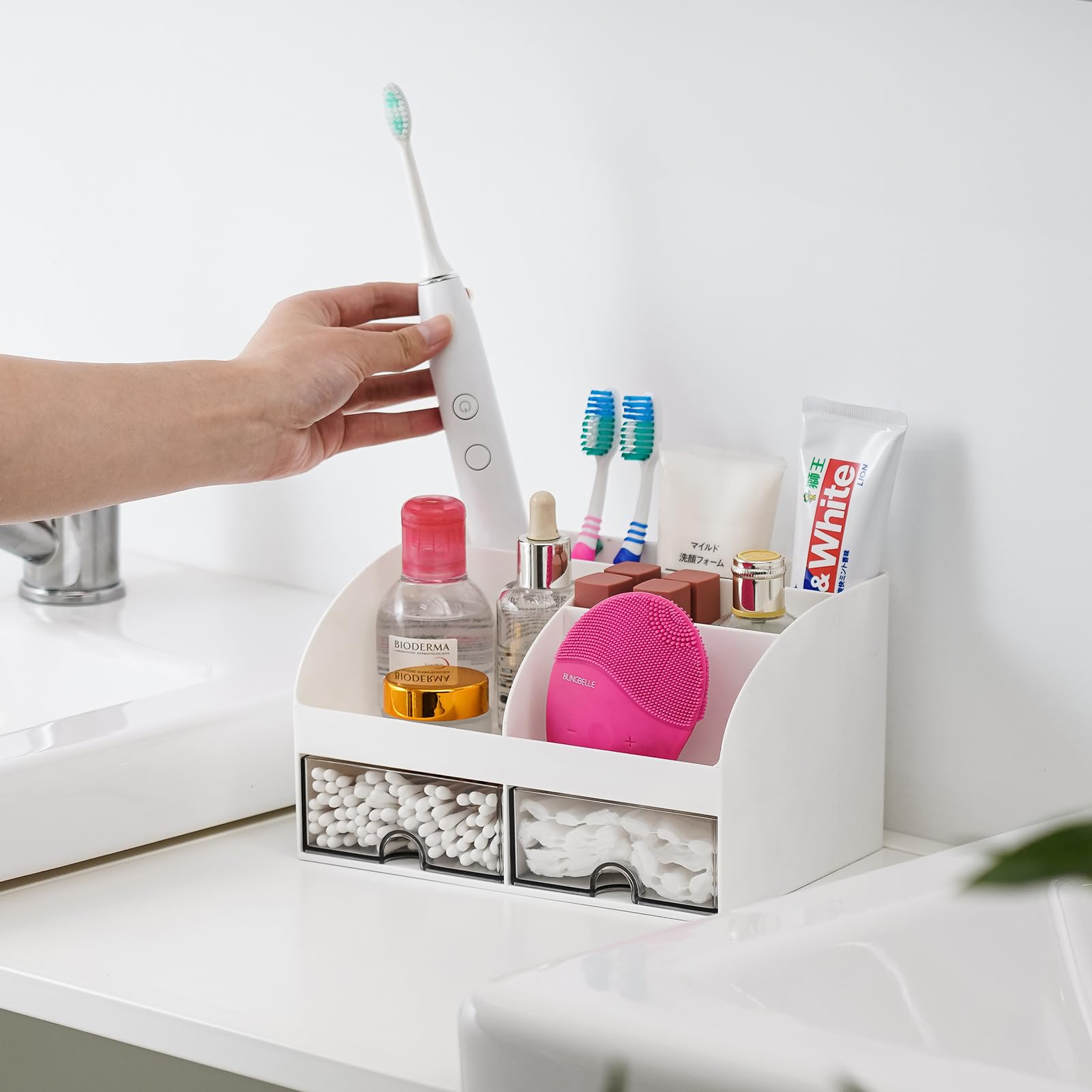 VITVITI 5-Slot Toothbrush Holder with Drawers - Bathroom Countertop Organizer for Toothpaste, Makeup & Vanity - White Plastic Sink Organizer for Home, Office & Travel Use